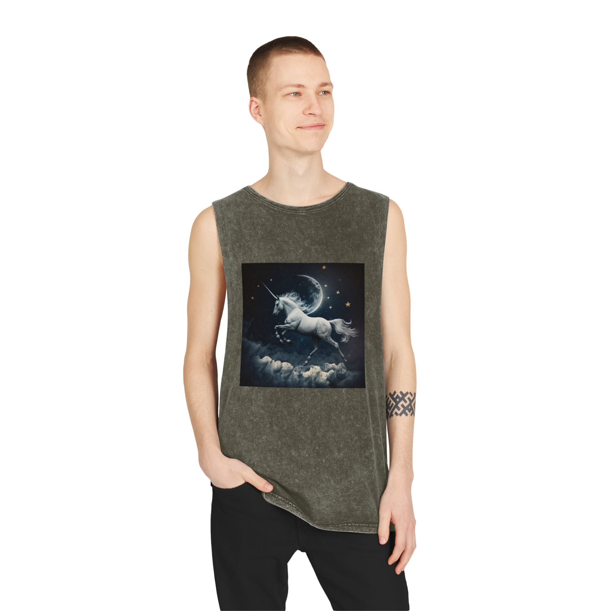 Unicorn Clouds With Full Moon Background Generative Ai Unisex Stonewash Tank Top - Image 7