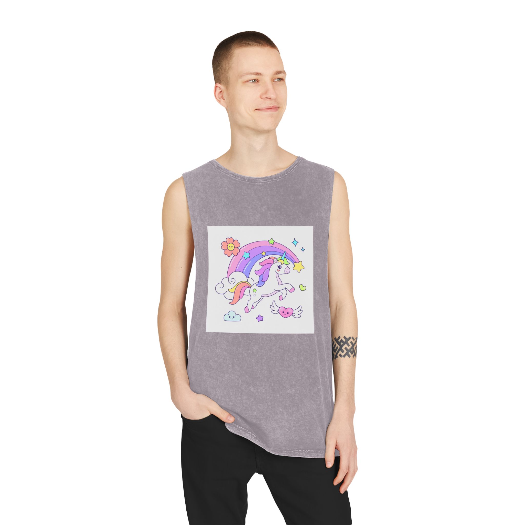 Cute Unicorn Flying Over the Rainbow Illustration Unisex Stonewash Tank Top - Image 19