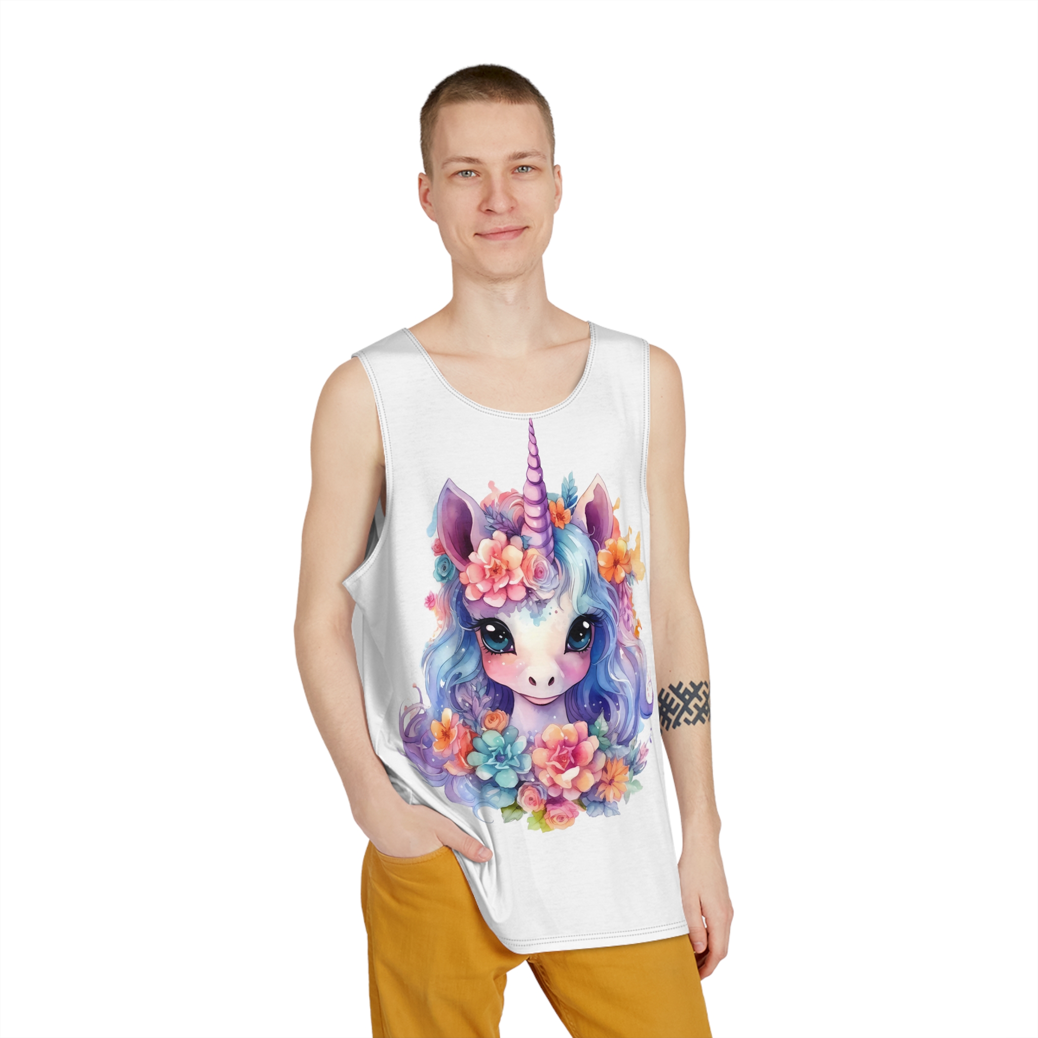 Cute Colorful Magic Unicorn With Flowers Watercolor Style (9) Mens Tank Aop - Image 3