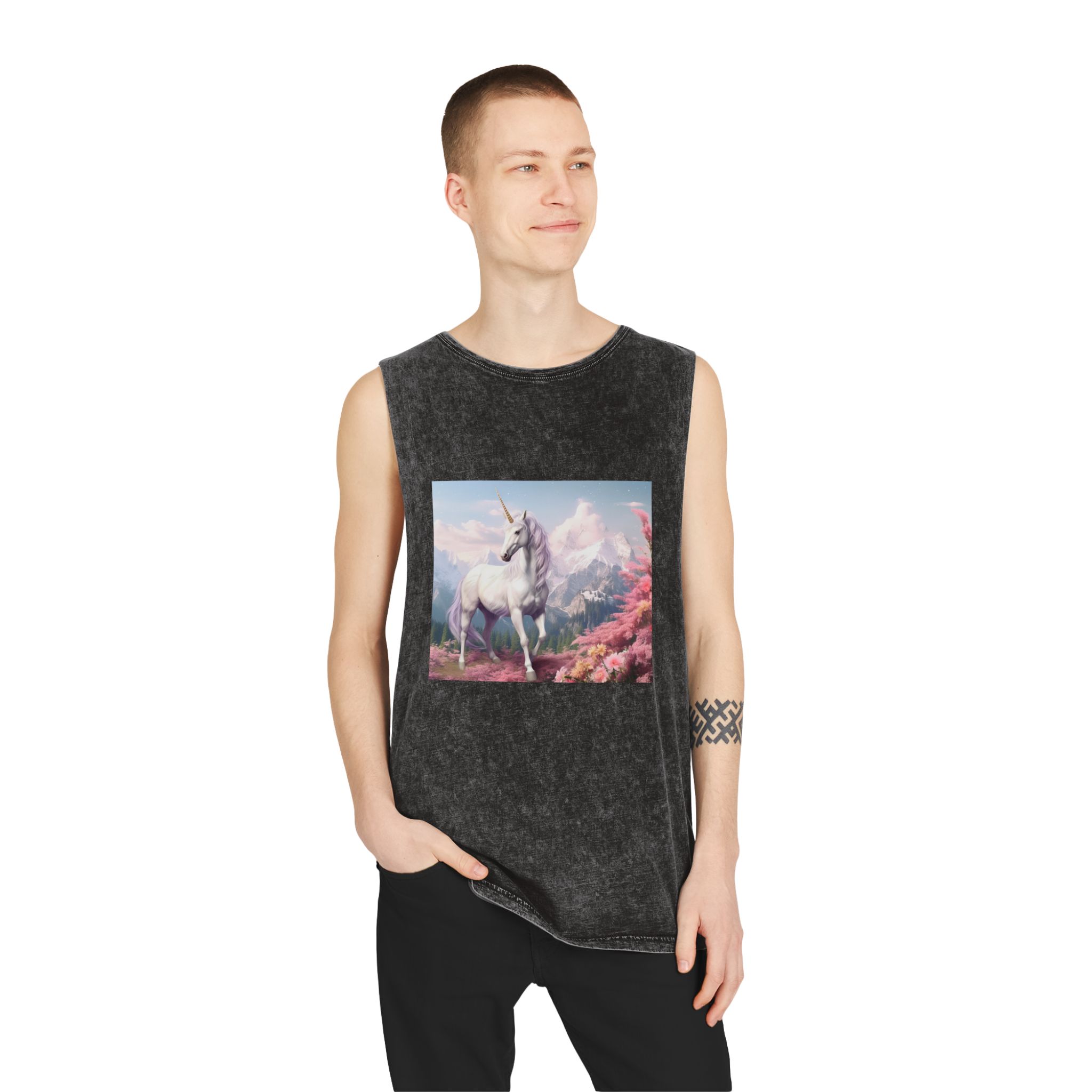 Unicorn Standing Field Flowers With Mountains Background Generative Ai Unisex Stonewash Tank Top - Image 3