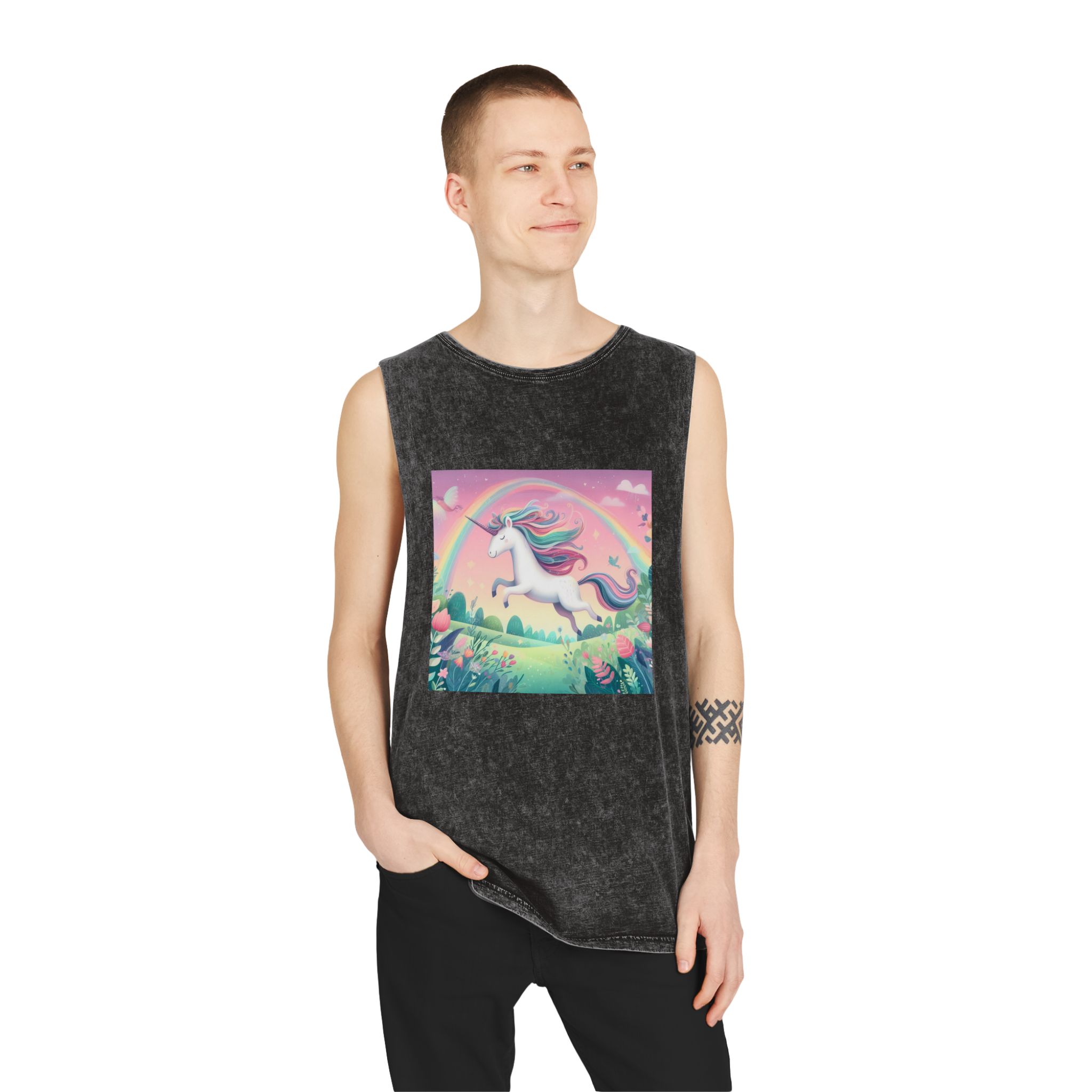 Beautiful Unicorn Running Magical Meadow Unicorn Background Images Whimsical Unicorn (9) Unisex Stonewash Tank Top - Image 3