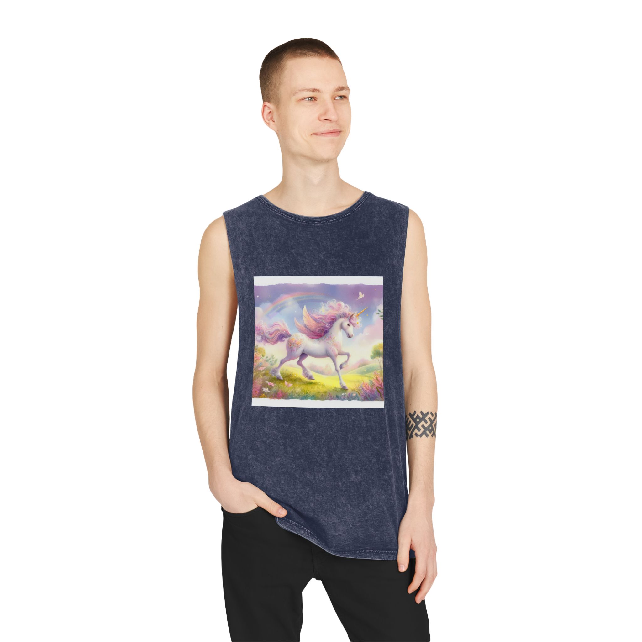Beautiful Unicorn Running Magical Meadow Unicorn Background Images Whimsical Unicorn (10) Unisex Stonewash Tank Top - Image 15