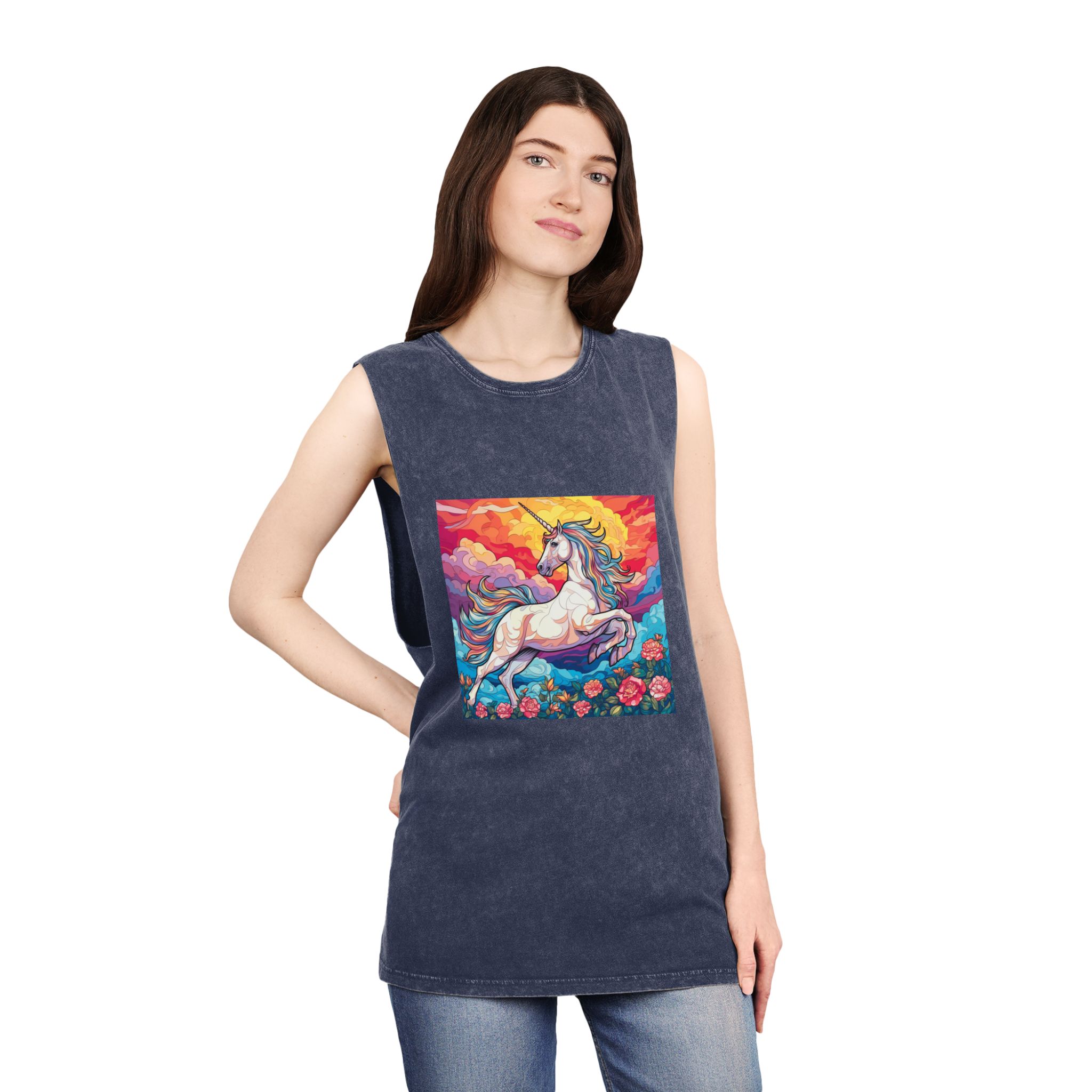 Unicorn Sky With Flowers Clouds Generative Ai Unisex Stonewash Tank Top - Image 16
