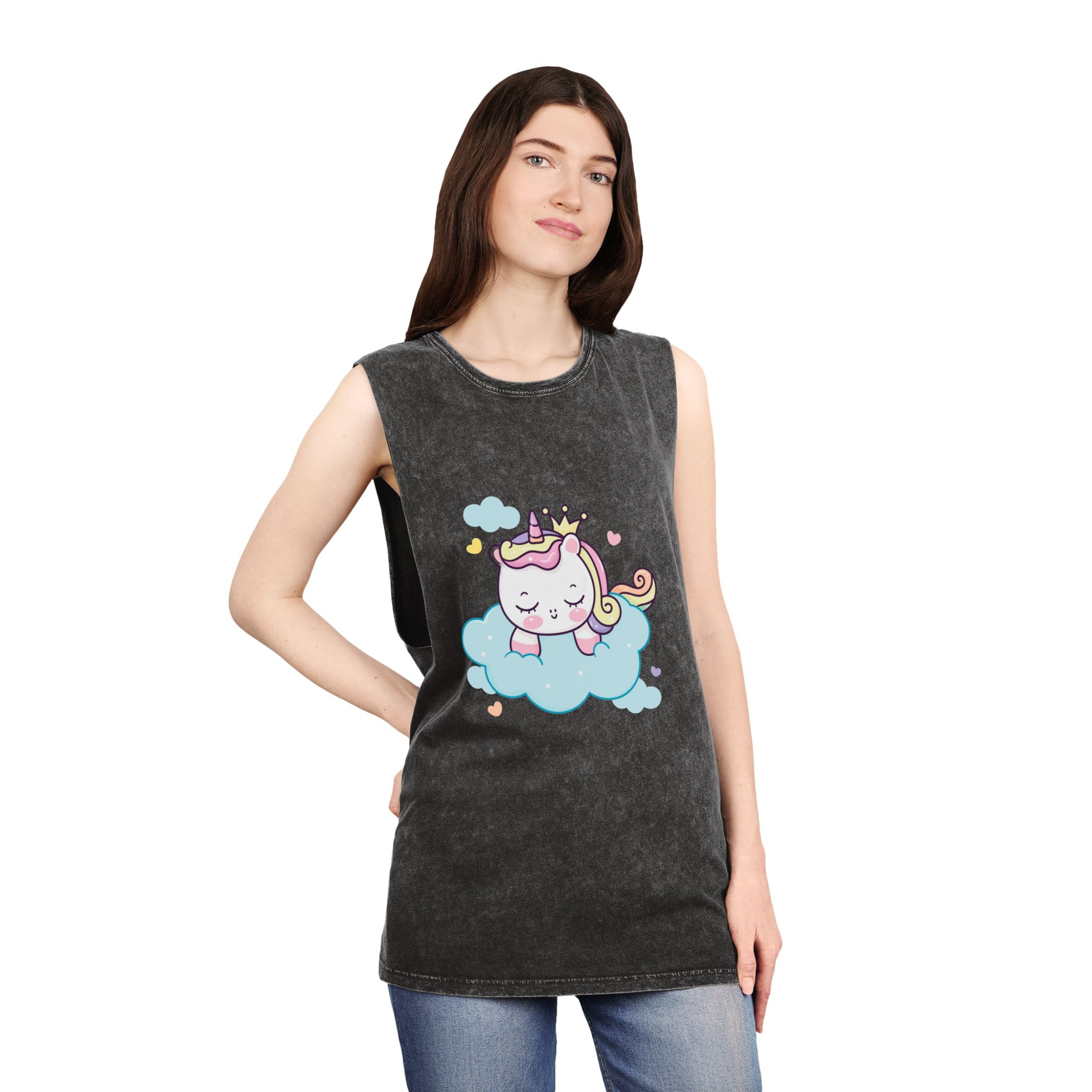 Cute Unicorn Princess Cartoon Sleep Cloud Kawaii Clipart Unisex Stonewash Tank Top - Image 4
