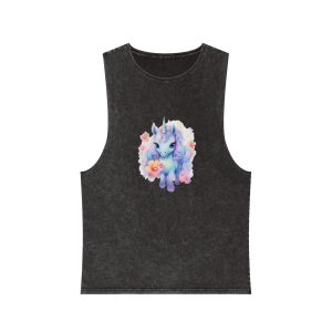 Cute Colorful Magic Unicorn With Flowers Watercolor Style Unisex Stonewash Tank Top