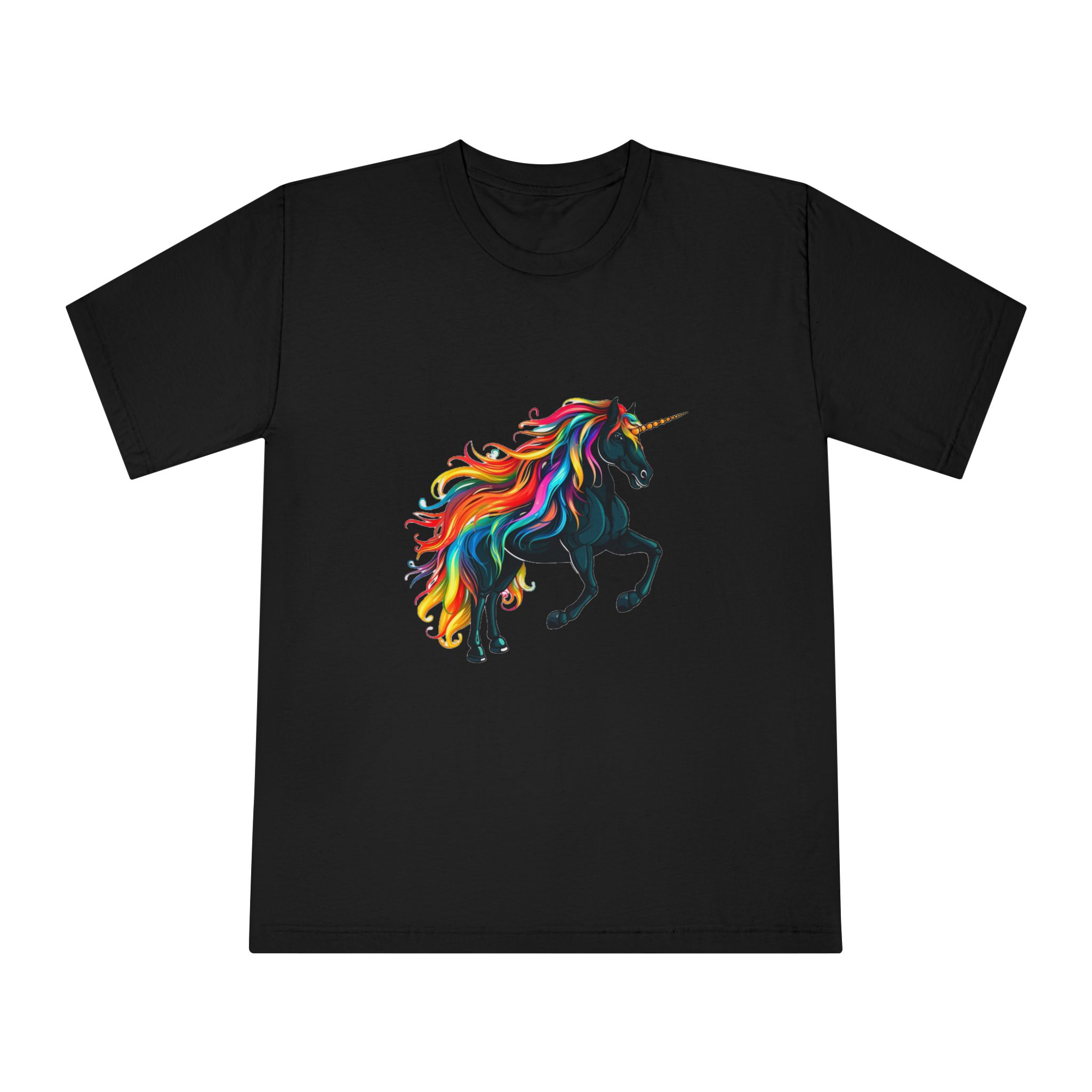 Close Up Black Unicorn With Rainbow Mane Generative Ai Unisex Classic Crewneck T Shirt - Image 5