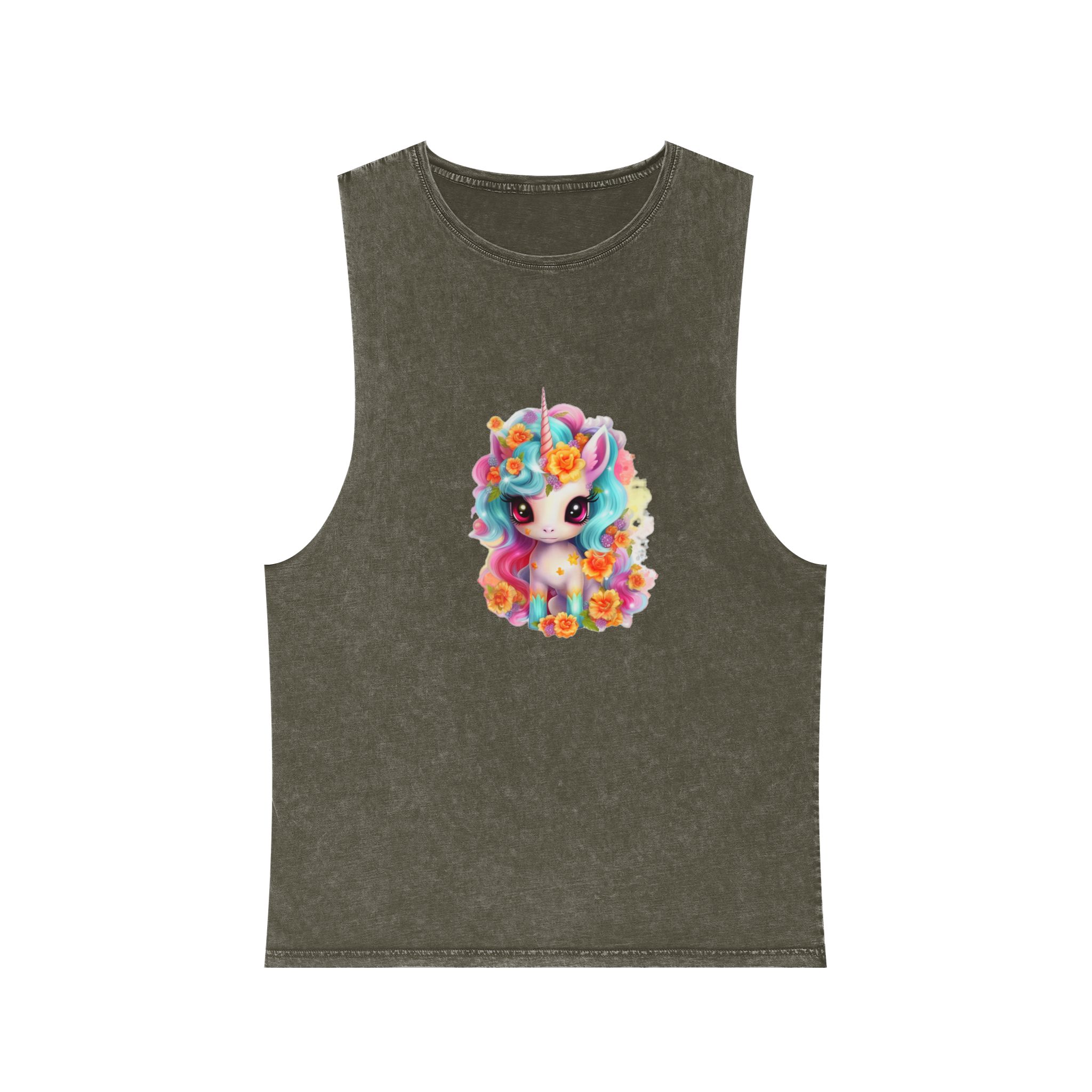 Illustration Unicorn Cartoon With Flower White Background Generative Ai (2) Unisex Stonewash Tank Top - Image 5