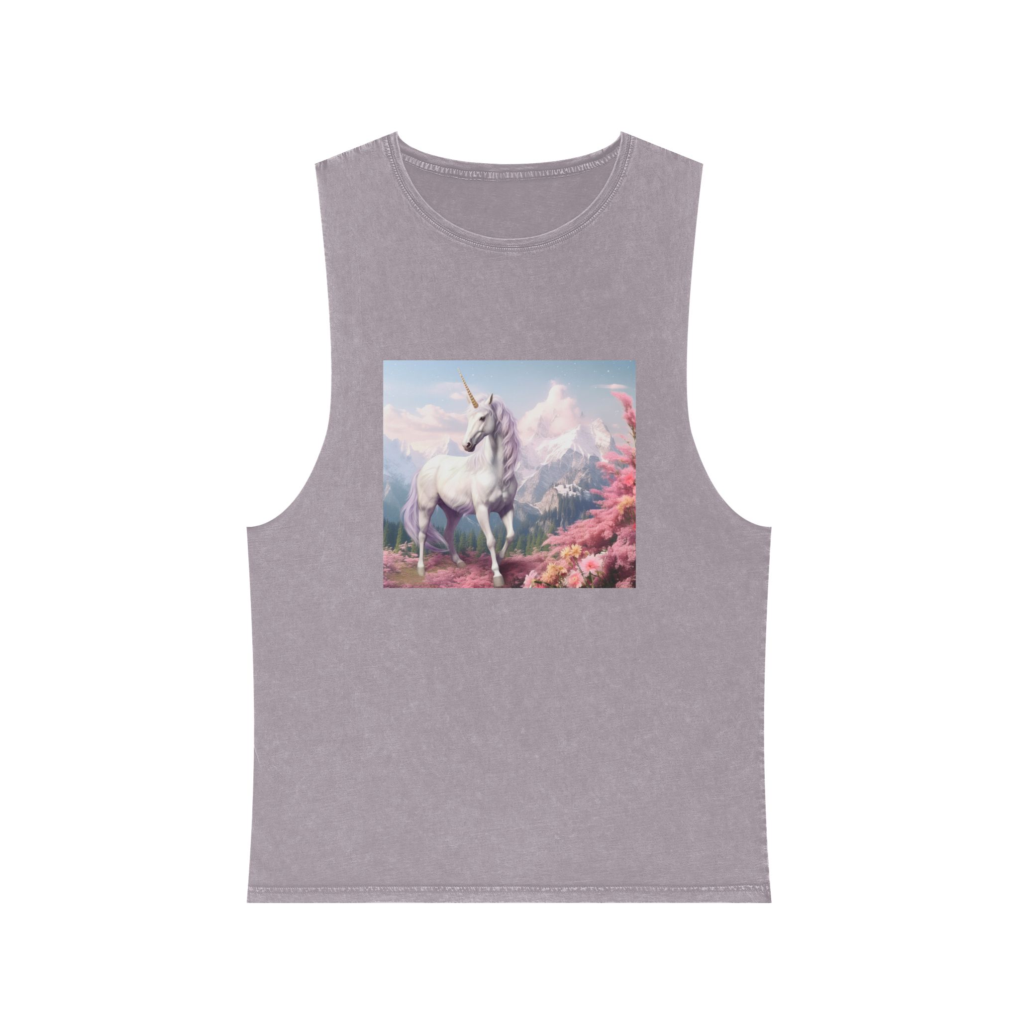 Unicorn Standing Field Flowers With Mountains Background Generative Ai Unisex Stonewash Tank Top - Image 17