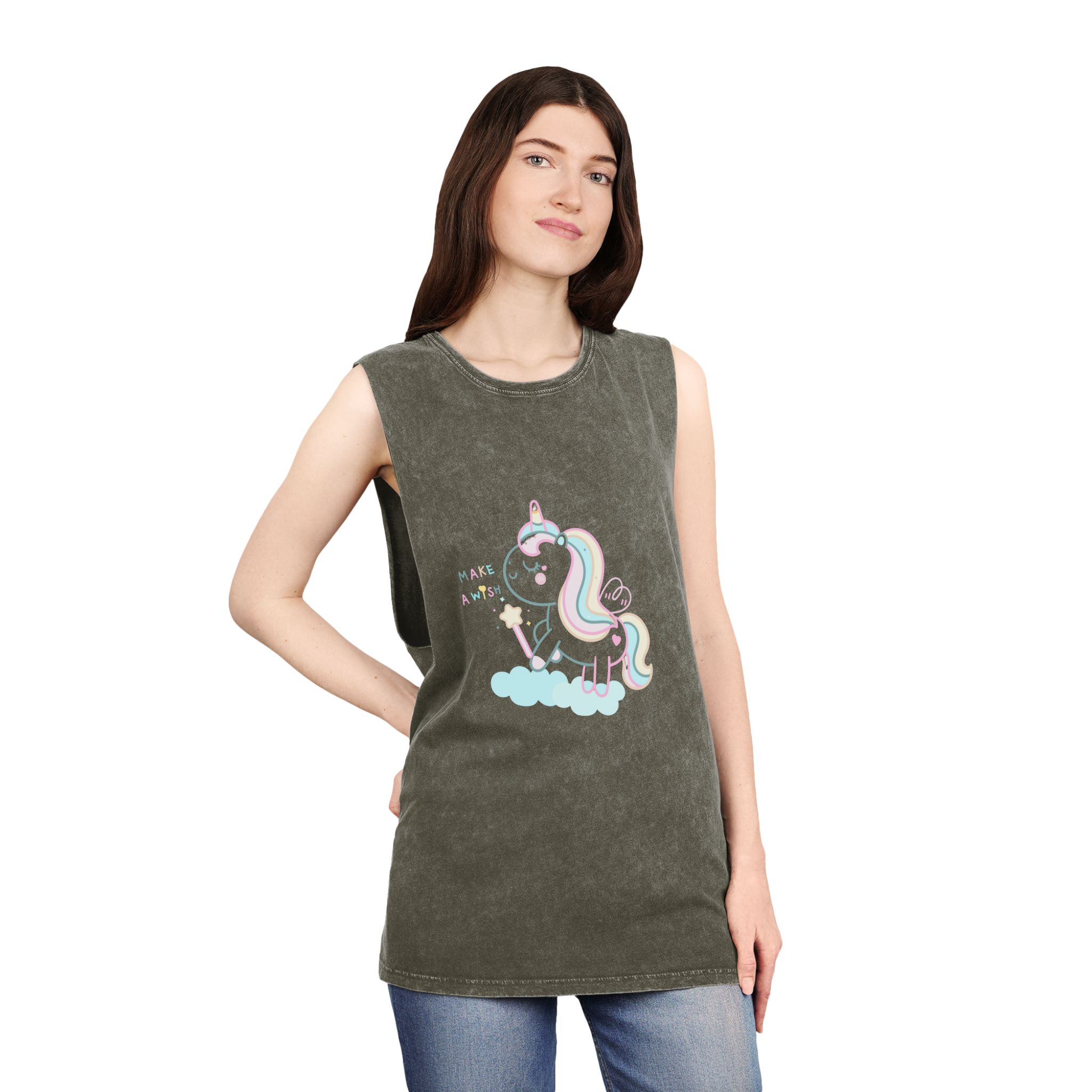 Cute Unicorn Pastel Holding Magic Wand Unisex Stonewash Tank Top - Image 8