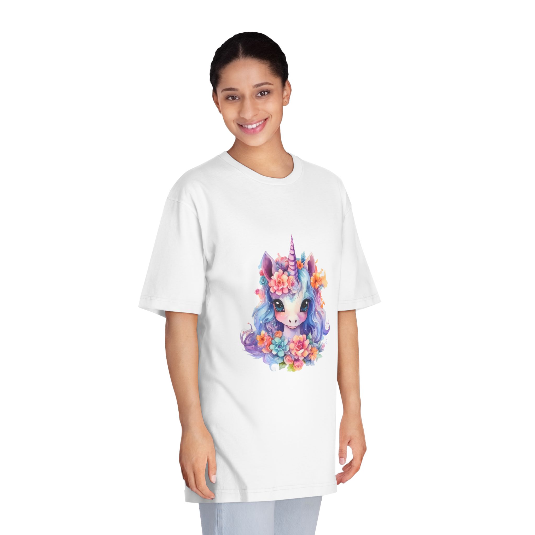 Cute Colorful Magic Unicorn With Flowers Watercolor Style (9) Unisex Classic Crewneck T Shirt - Image 3