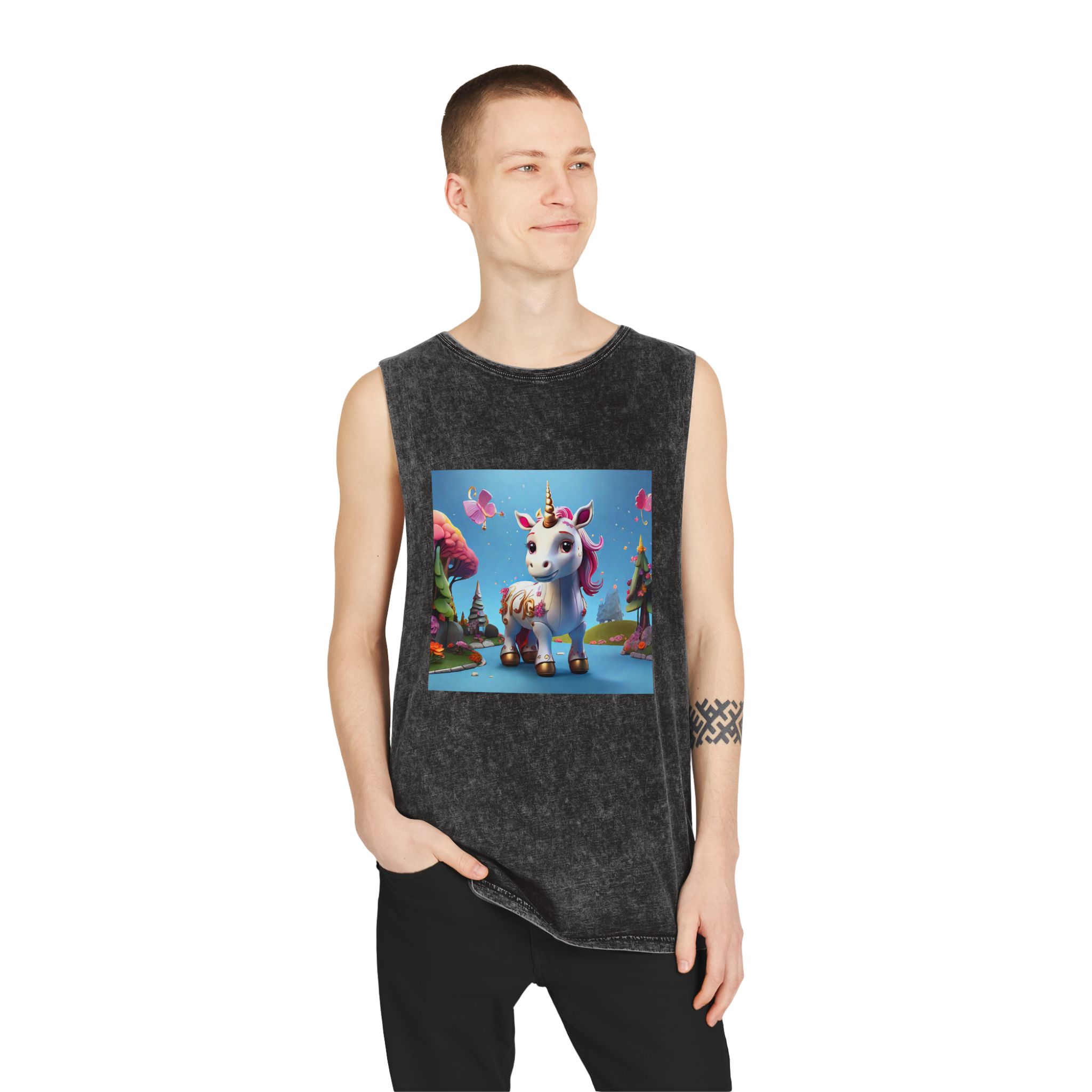 Animated Unicorn Children Generated By Ai (19) Unisex Stonewash Tank Top - Image 3