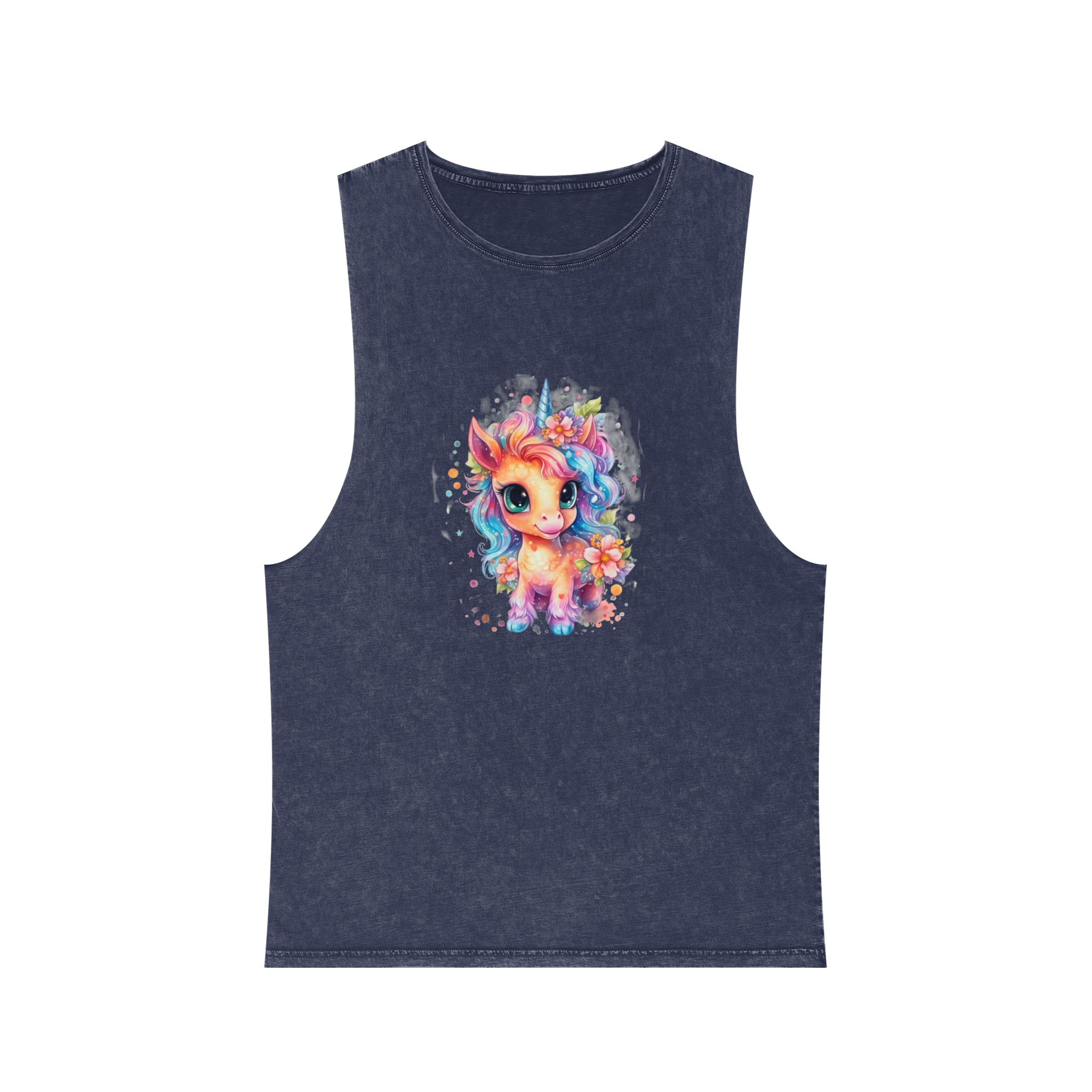 Cute Colorful Magic Unicorn With Flowers Watercolor Style (1) Copia Unisex Stonewash Tank Top - Image 13