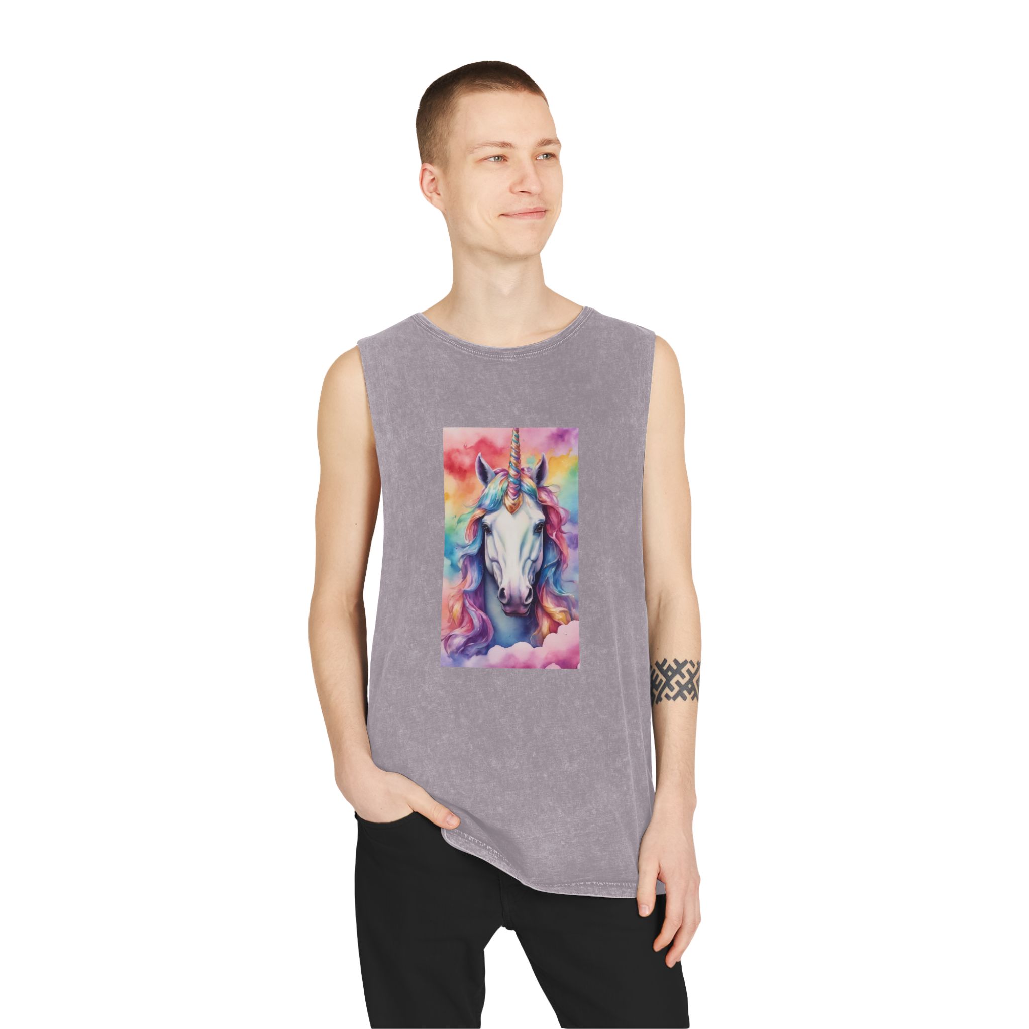 Rainbow Pastel Unicorn Candy Watercolor Background Social Media Template Etc Unisex Stonewash Tank Top - Image 19