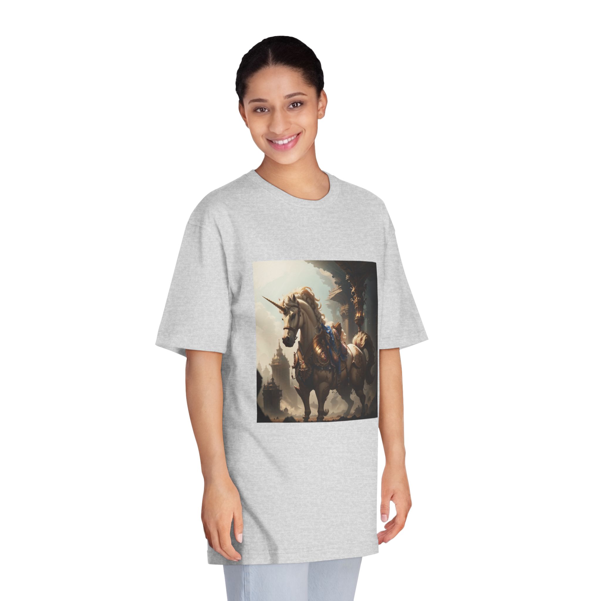 Unicorn With Sword Its Back Is Standing Front Building Unisex Classic Crewneck T Shirt - Image 15