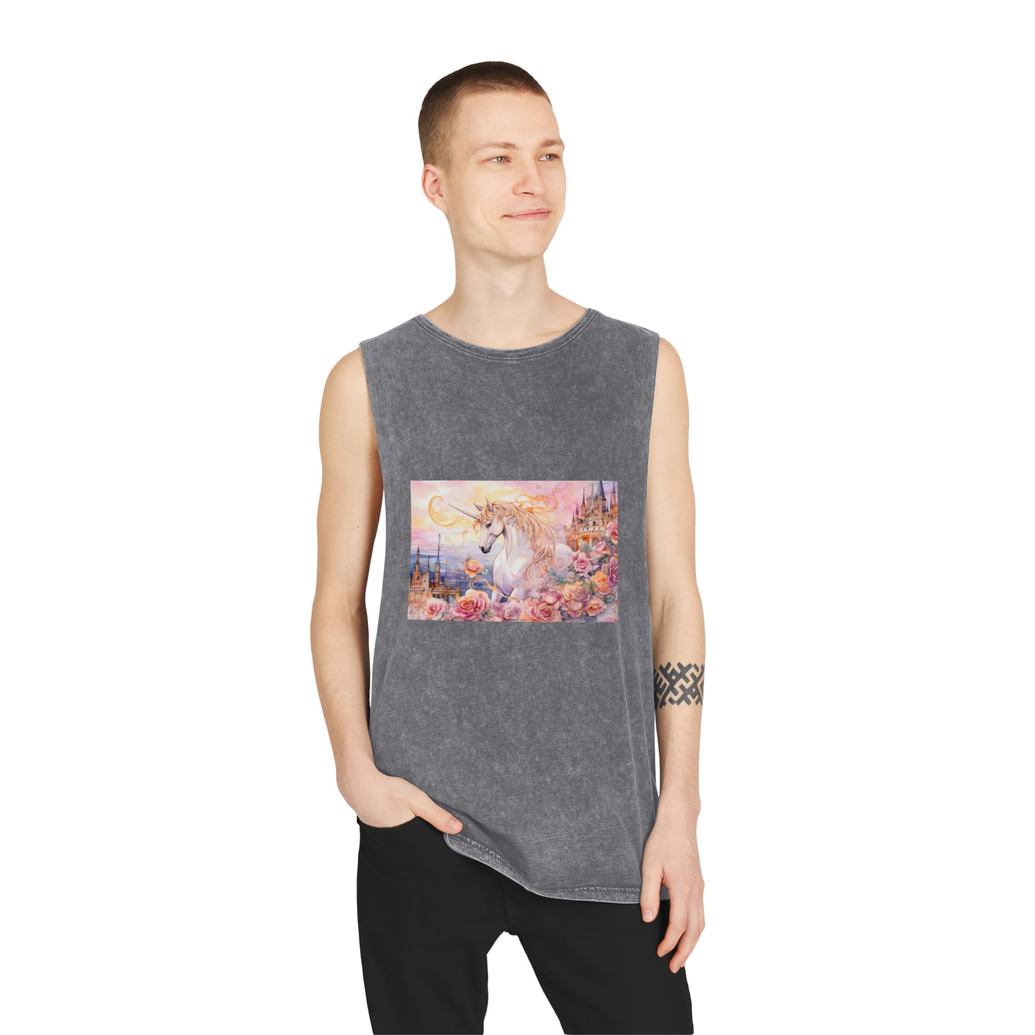 Painting Unicorn Castle With Roses Castle Background Generative Ai Unisex Stonewash Tank Top - Image 11