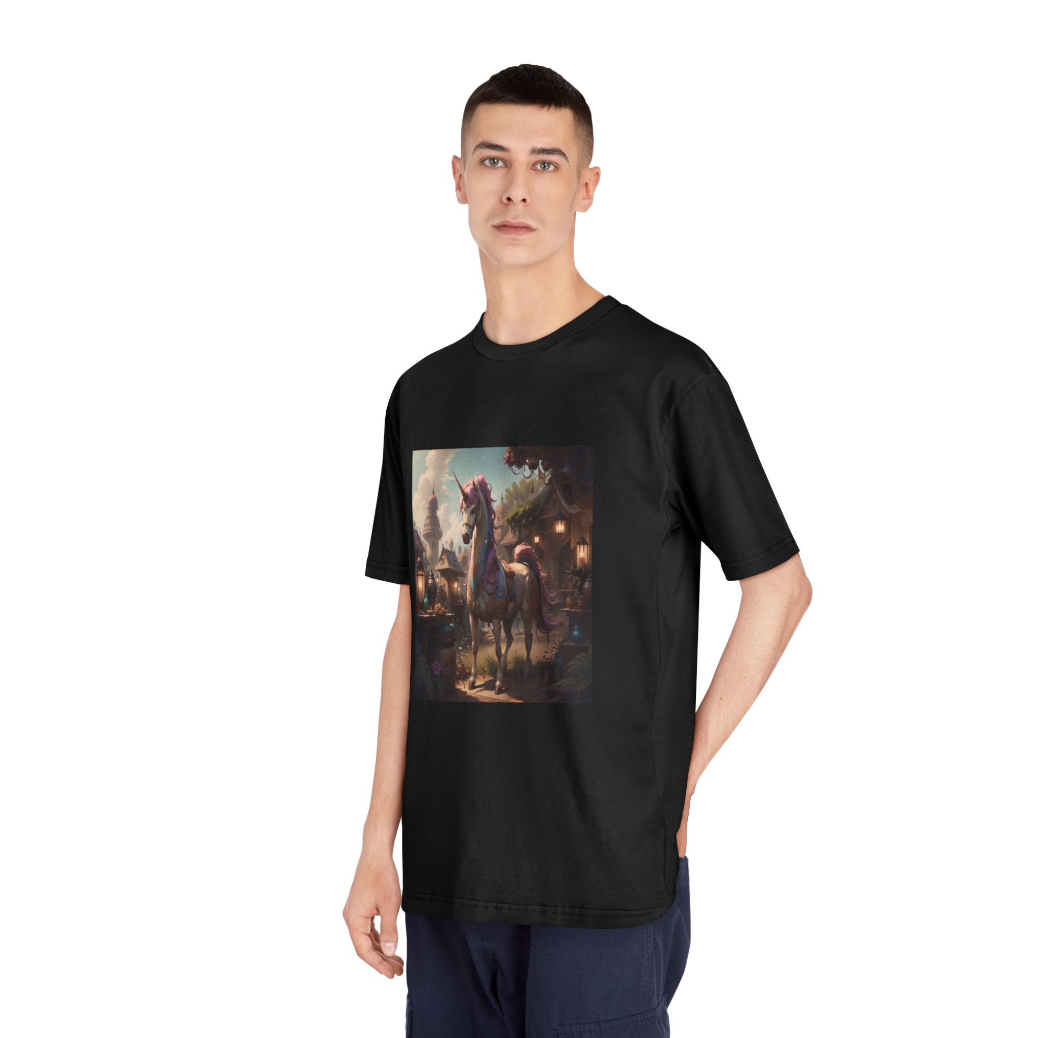Unicorn With Purple Mane Stands Front Small Town With Lamp Post Unisex Classic Crewneck T Shirt - Image 8