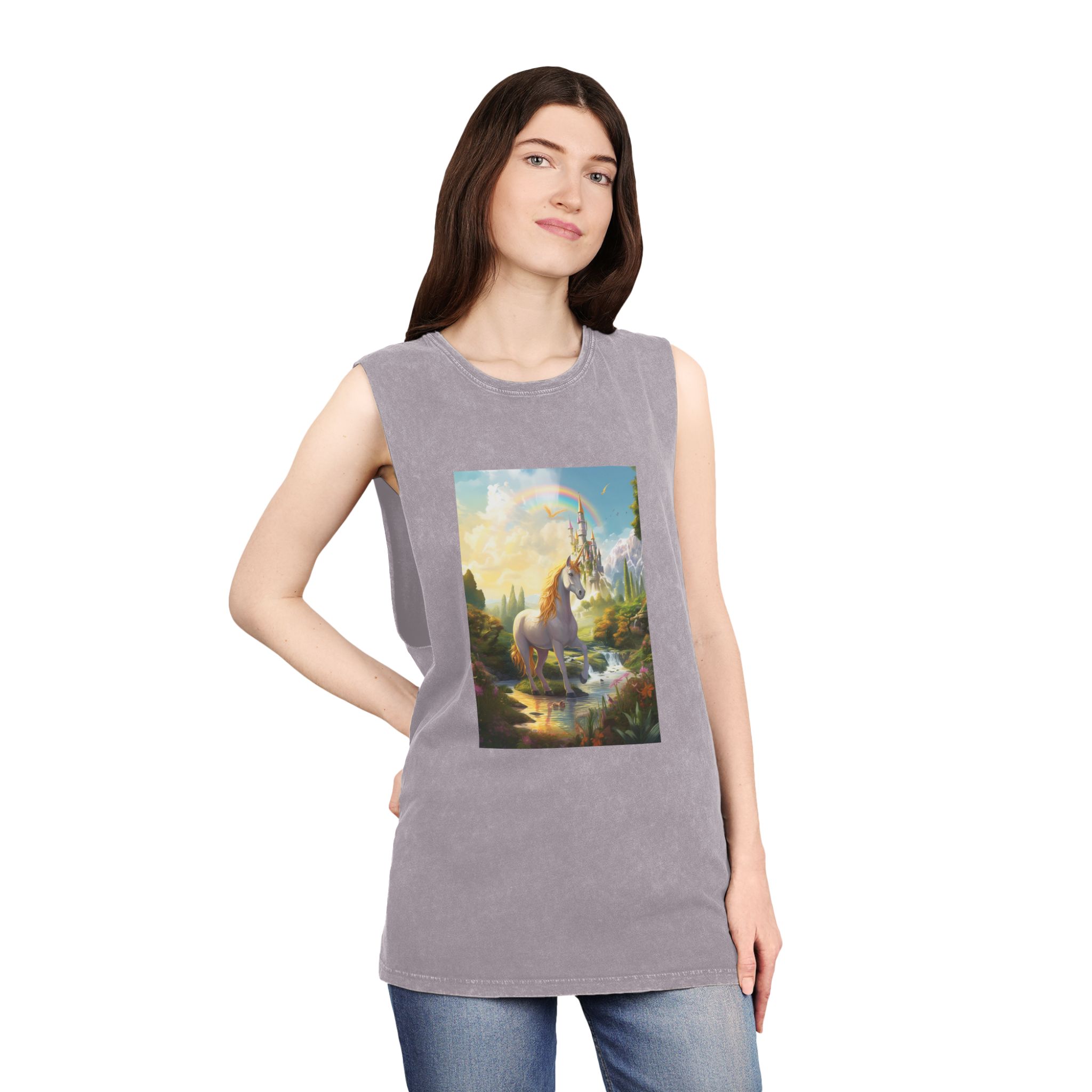 Painting Unicorn Fantasy Setting With Castle Background Generative Ai Unisex Stonewash Tank Top - Image 20