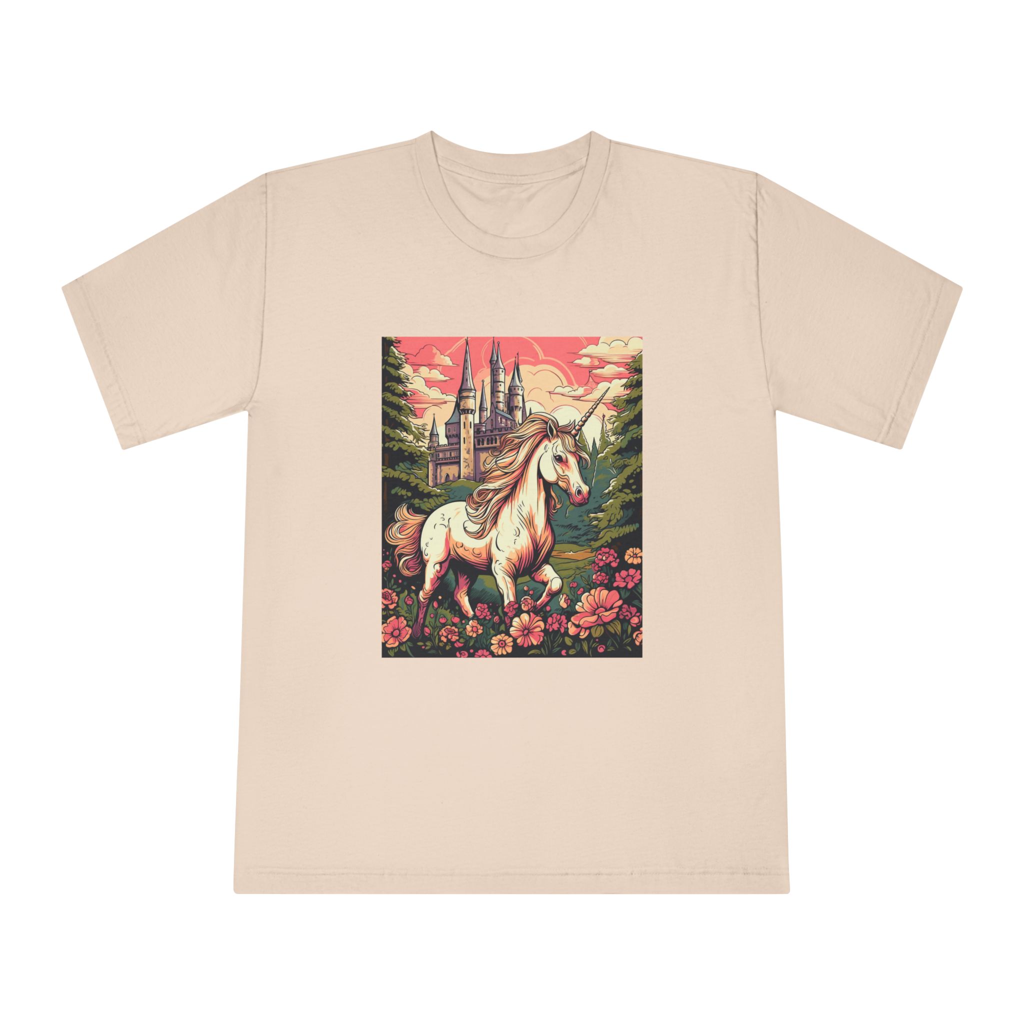 Unicorn Front Castle With Flowers Trees Generative Ai Unisex Classic Crewneck T Shirt - Image 9