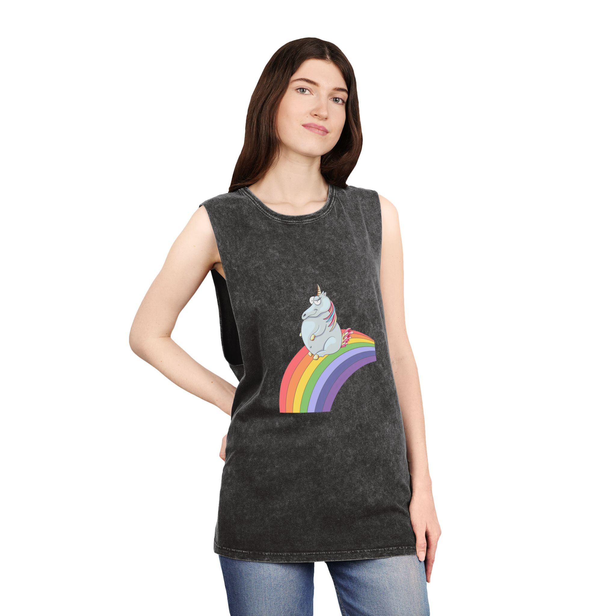 Unicorn and Rainbow Childrens Tale Magic Art Flat Unisex Stonewash Tank Top - Image 4