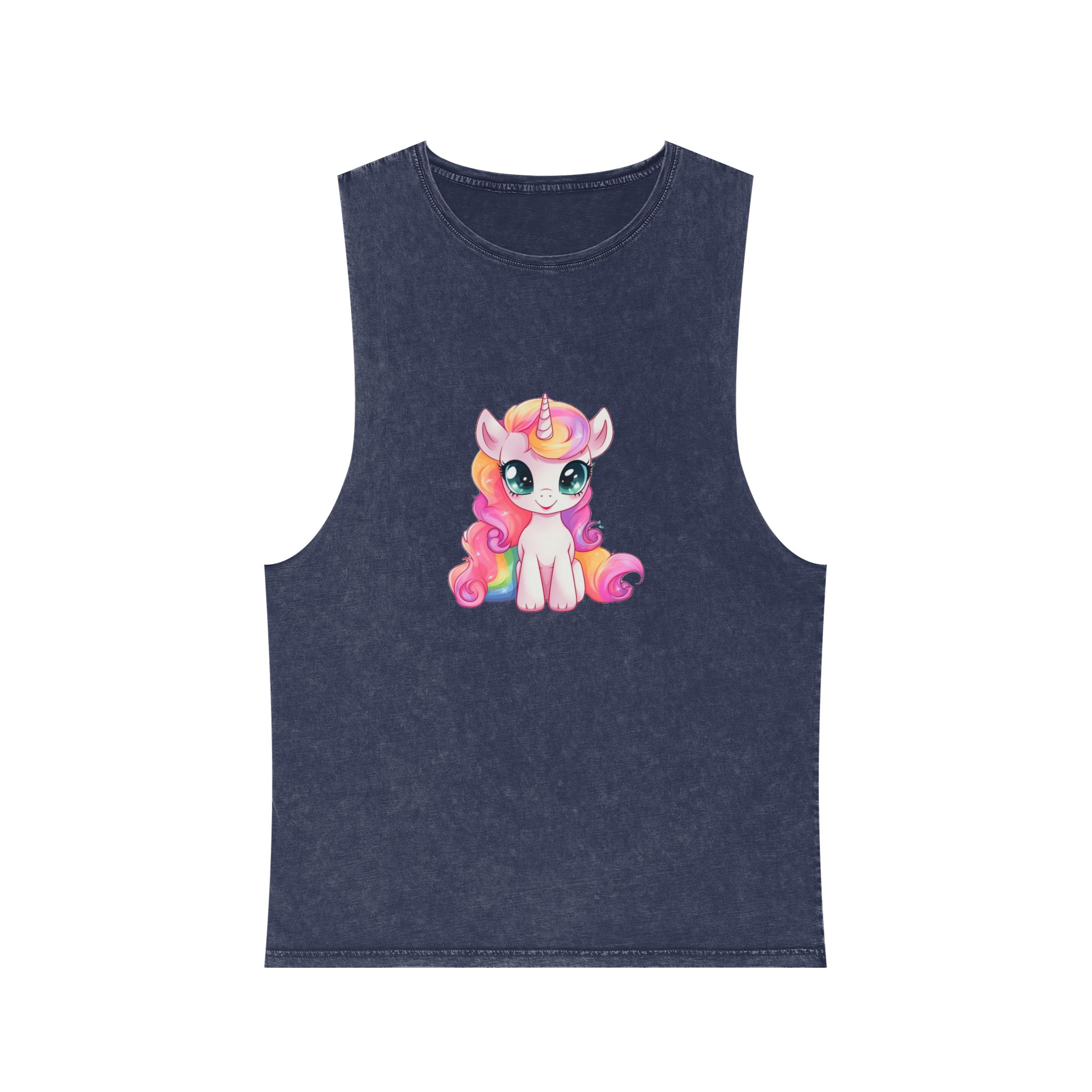 Cartoon Unicorn With Pink Hair Rainbow Mane Sitting Ground Generative Ai Unisex Stonewash Tank Top - Image 13