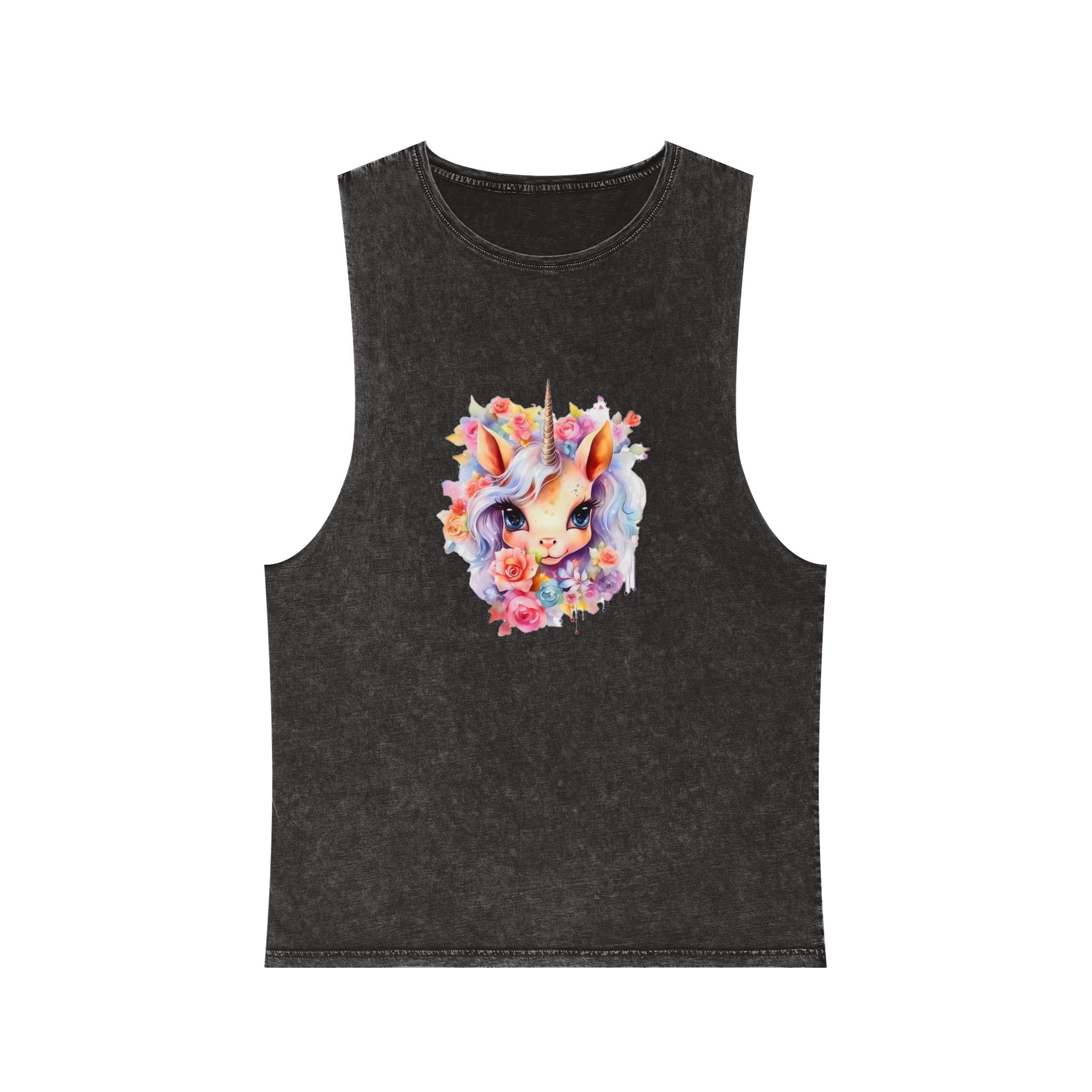 Cute Colorful Magic Unicorn With Flowers Watercolor Style (4) Copy Unisex Stonewash Tank Top