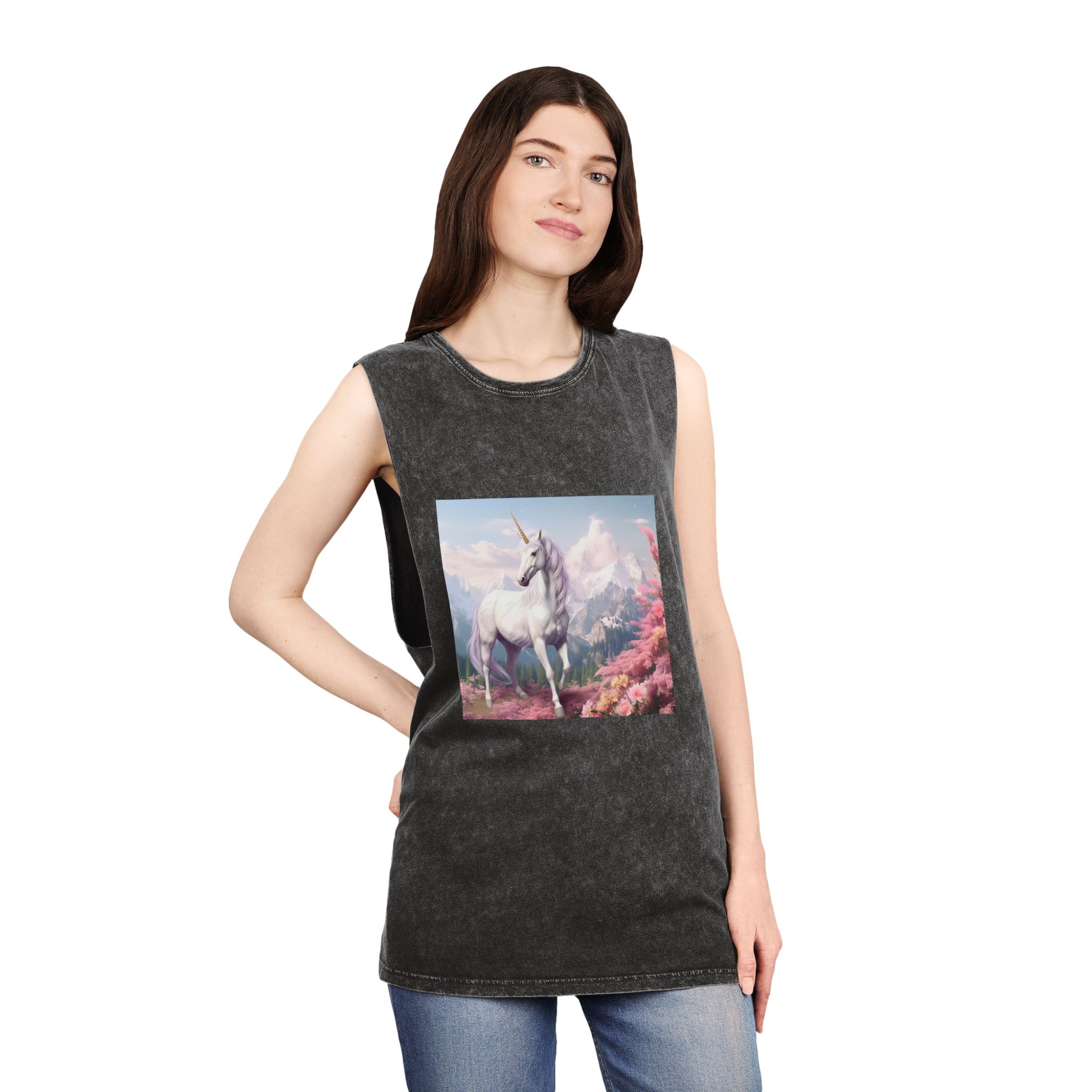 Unicorn Standing Field Flowers With Mountains Background Generative Ai Unisex Stonewash Tank Top - Image 4