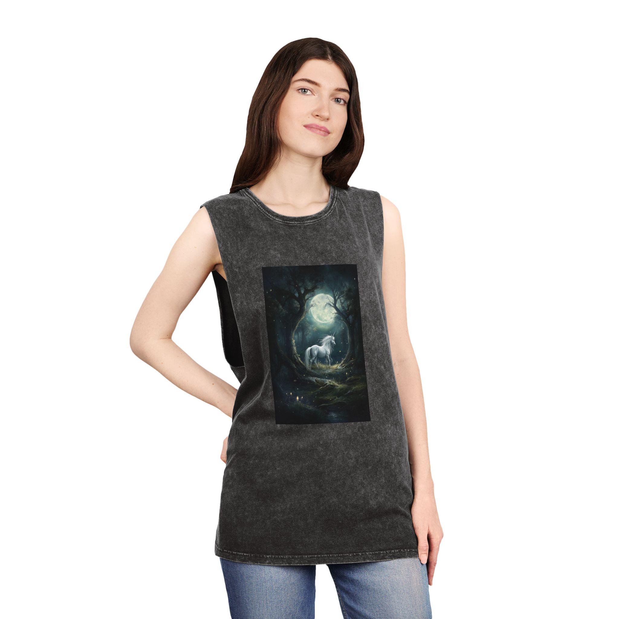 Unicorn Forest With Full Moon Background Unisex Stonewash Tank Top - Image 4