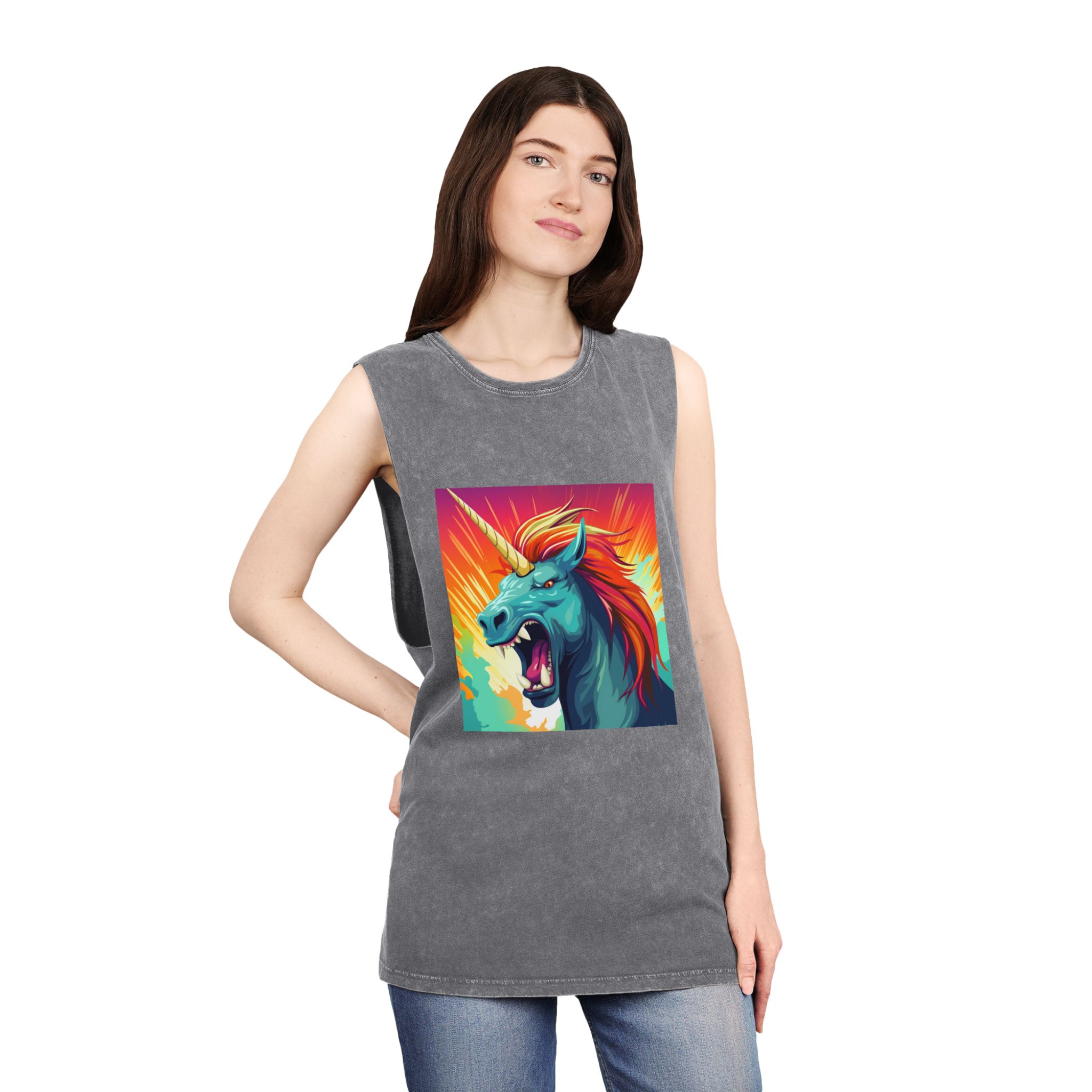 Illustration Unicorn With Colorful Mane Yellow Horn Generative Ai Unisex Stonewash Tank Top - Image 12