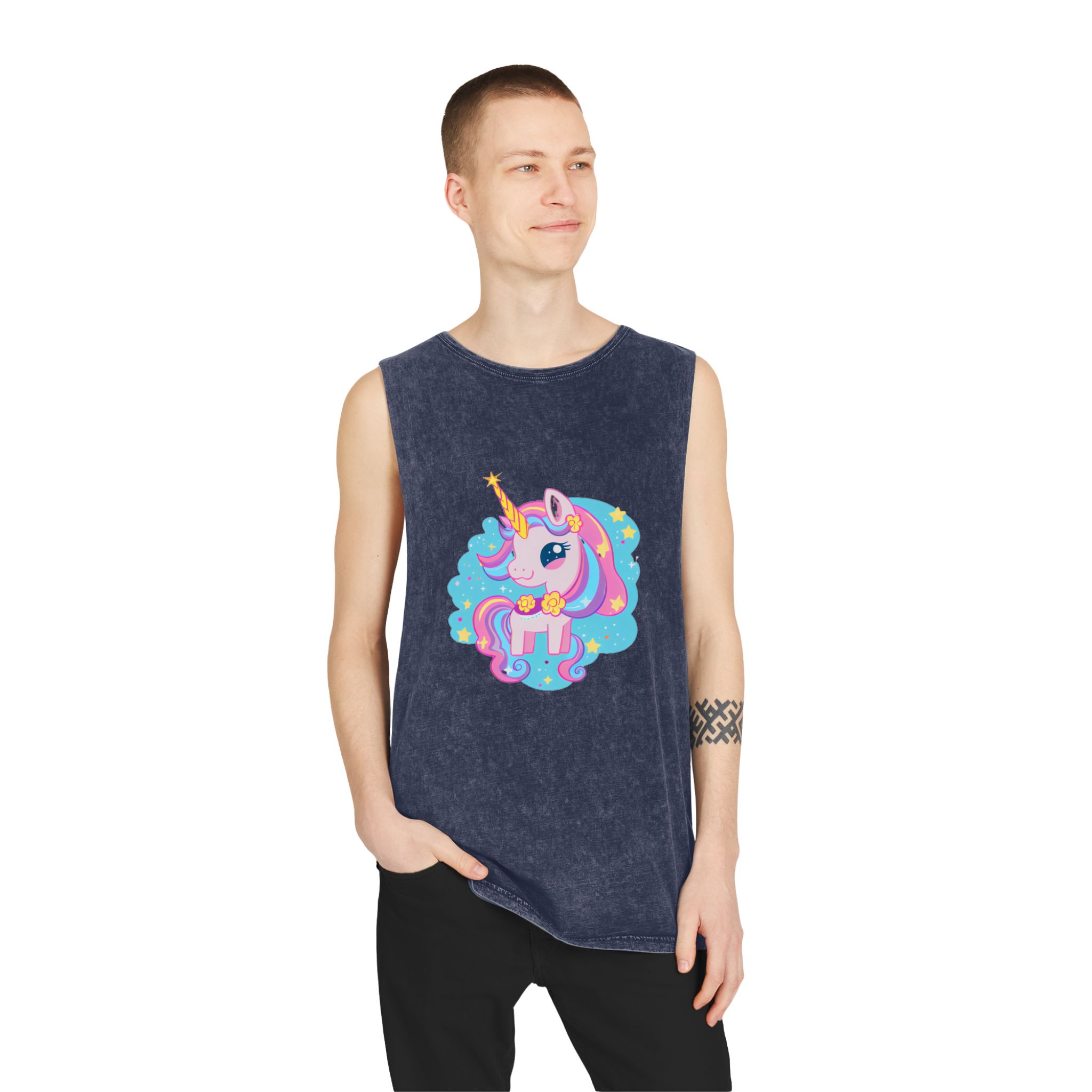 There Is Cartoon Unicorn With Bow Tie Stars Generative Ai Unisex Stonewash Tank Top - Image 15