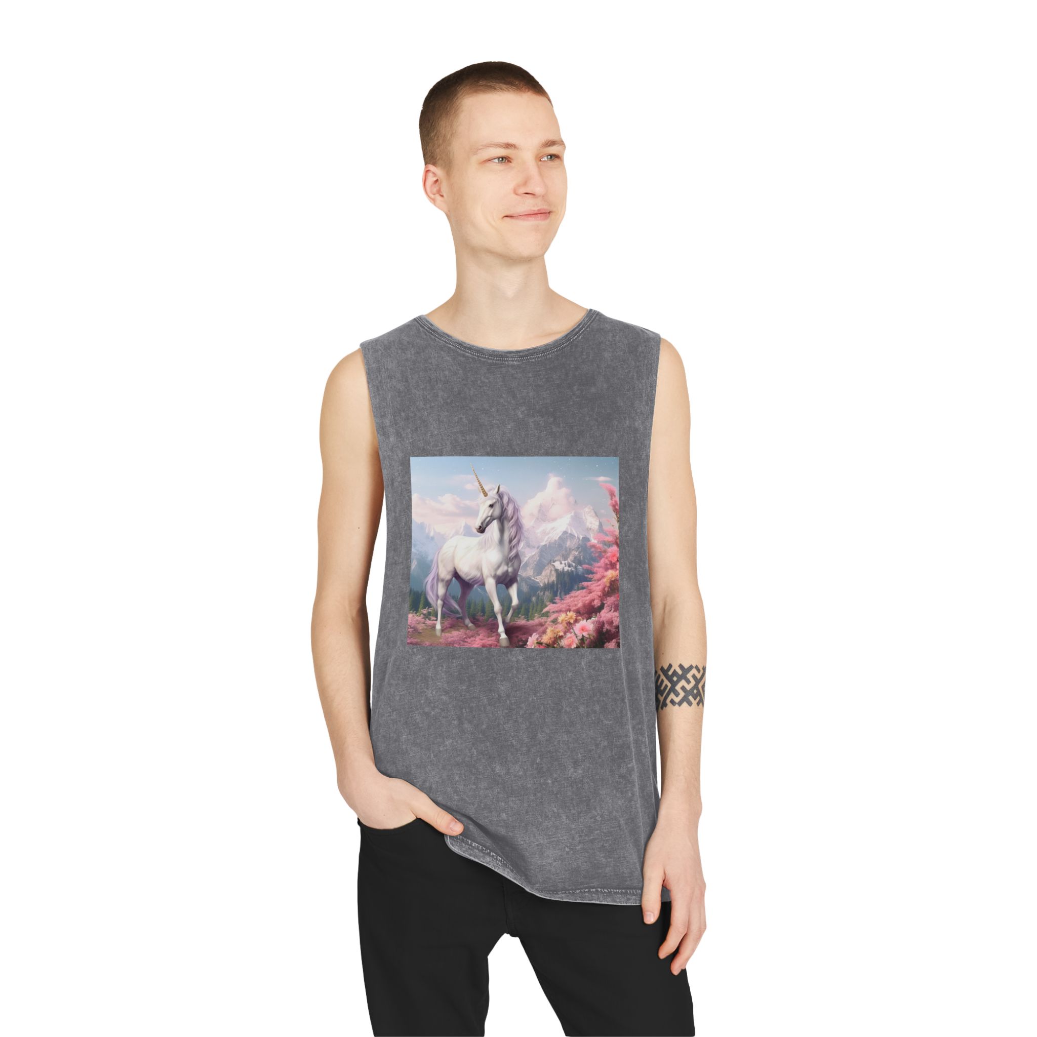 Unicorn Standing Field Flowers With Mountains Background Generative Ai Unisex Stonewash Tank Top - Image 11