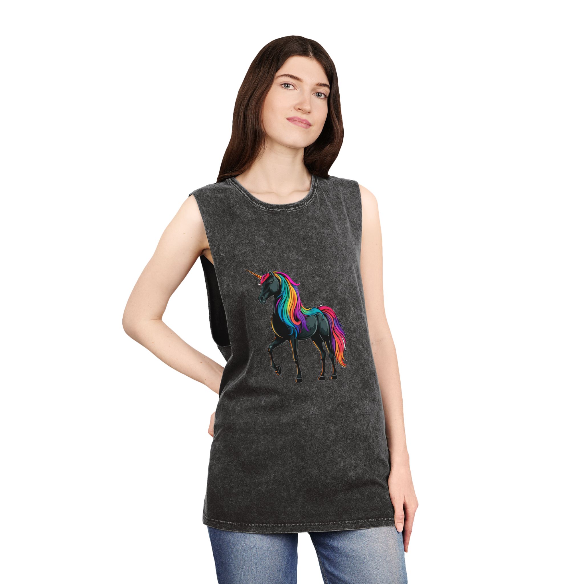 Cartoon Unicorn With Rainbow Mane Horn Generative Ai Unisex Stonewash Tank Top - Image 4