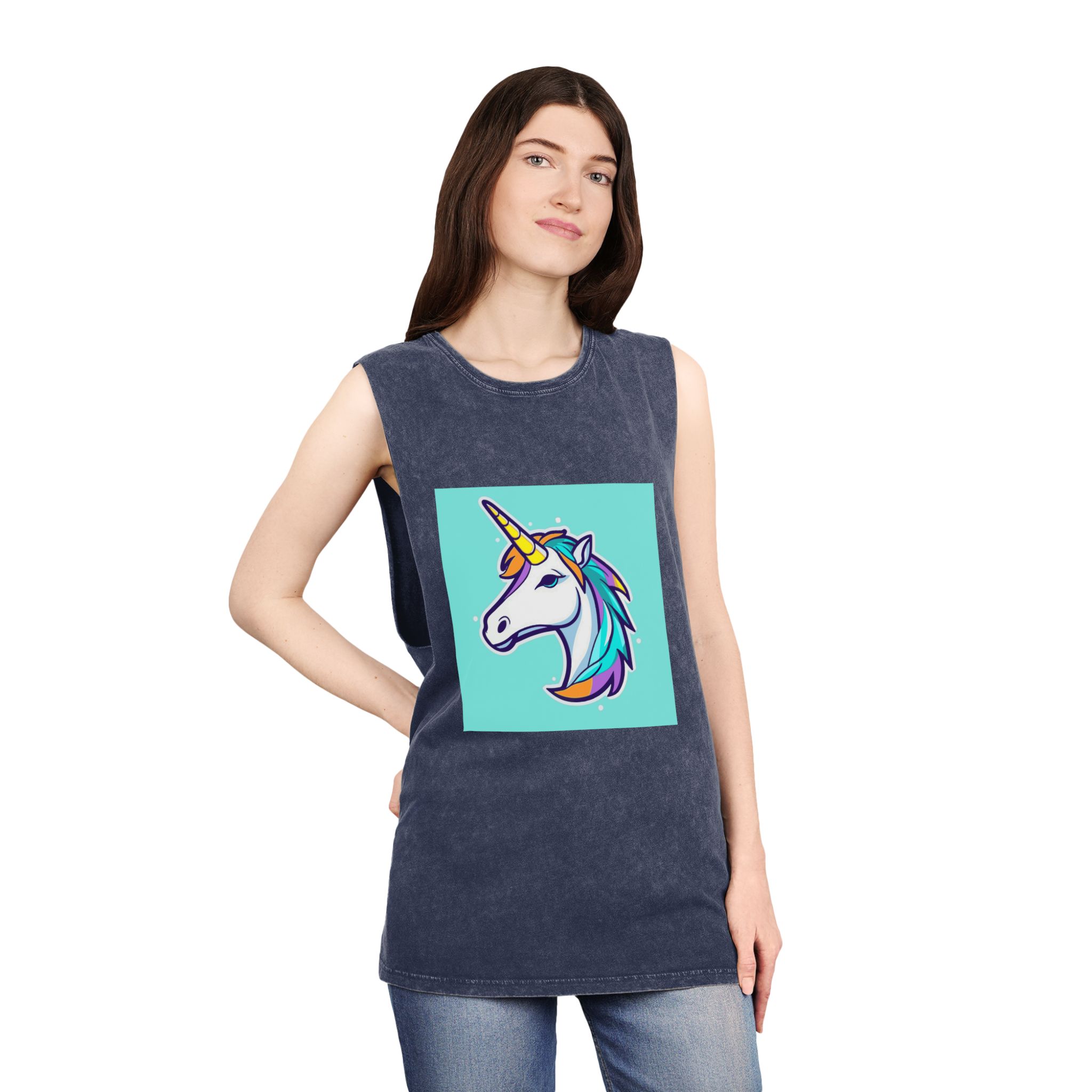 Cartoon Unicorn Head Vector With Maximum 16 Colors I 3 Unisex Stonewash Tank Top - Image 16