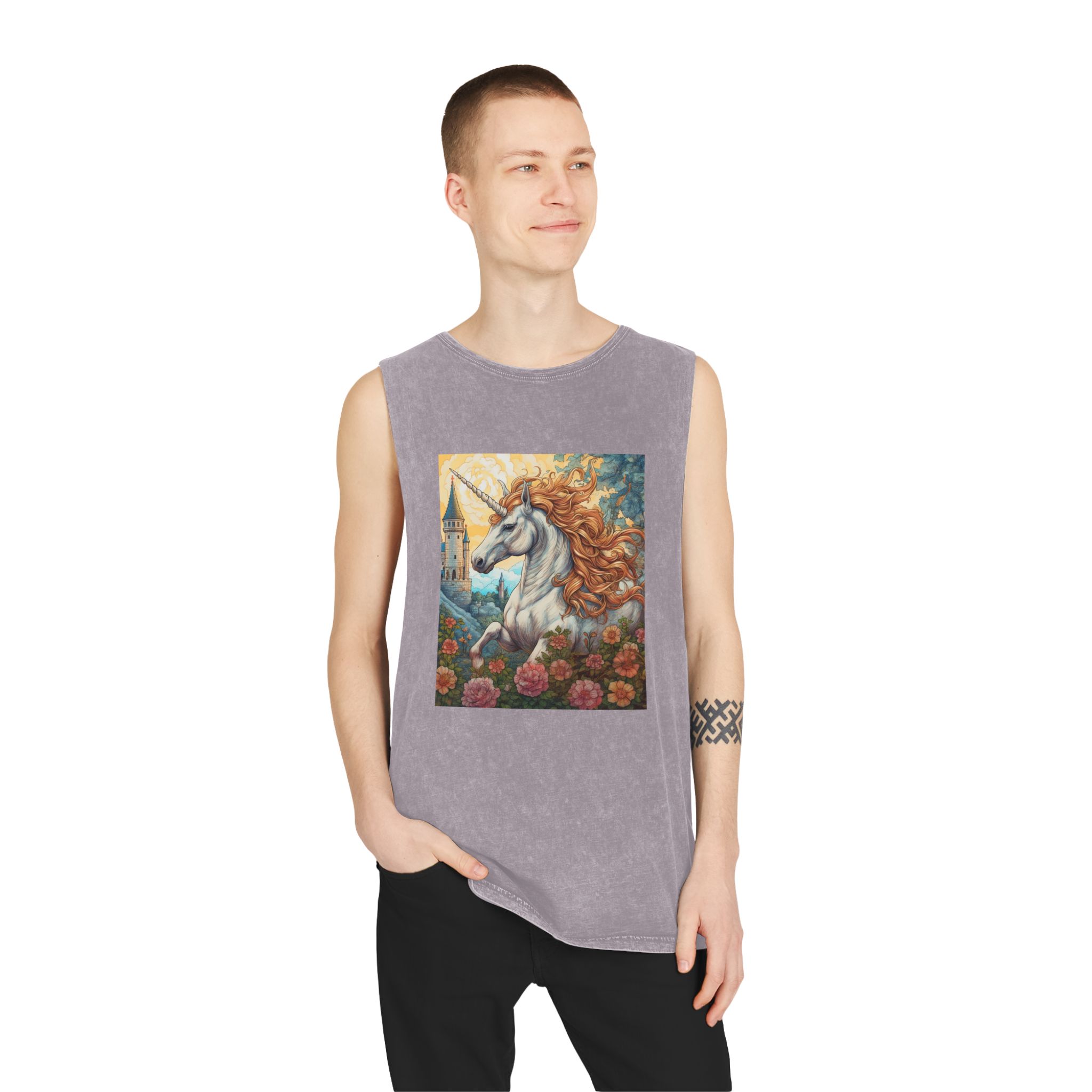 Painting Unicorn With Long Mane Castle Background Generative Ai Unisex Stonewash Tank Top - Image 19