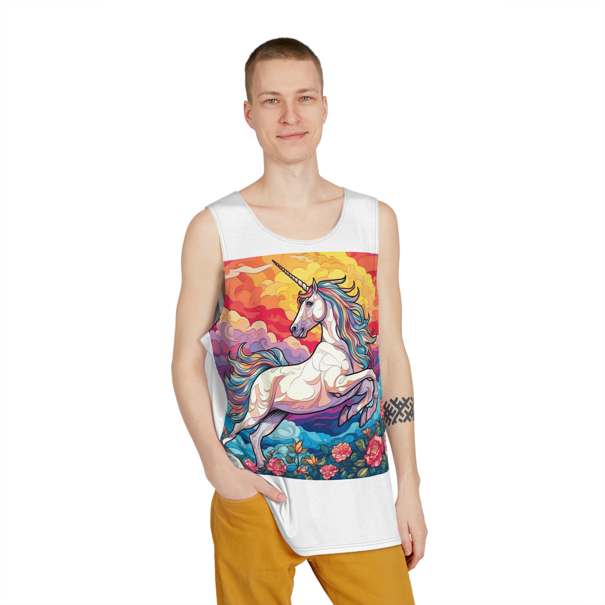 Unicorn Sky With Flowers Clouds Generative Ai Mens Tank Aop - Image 3