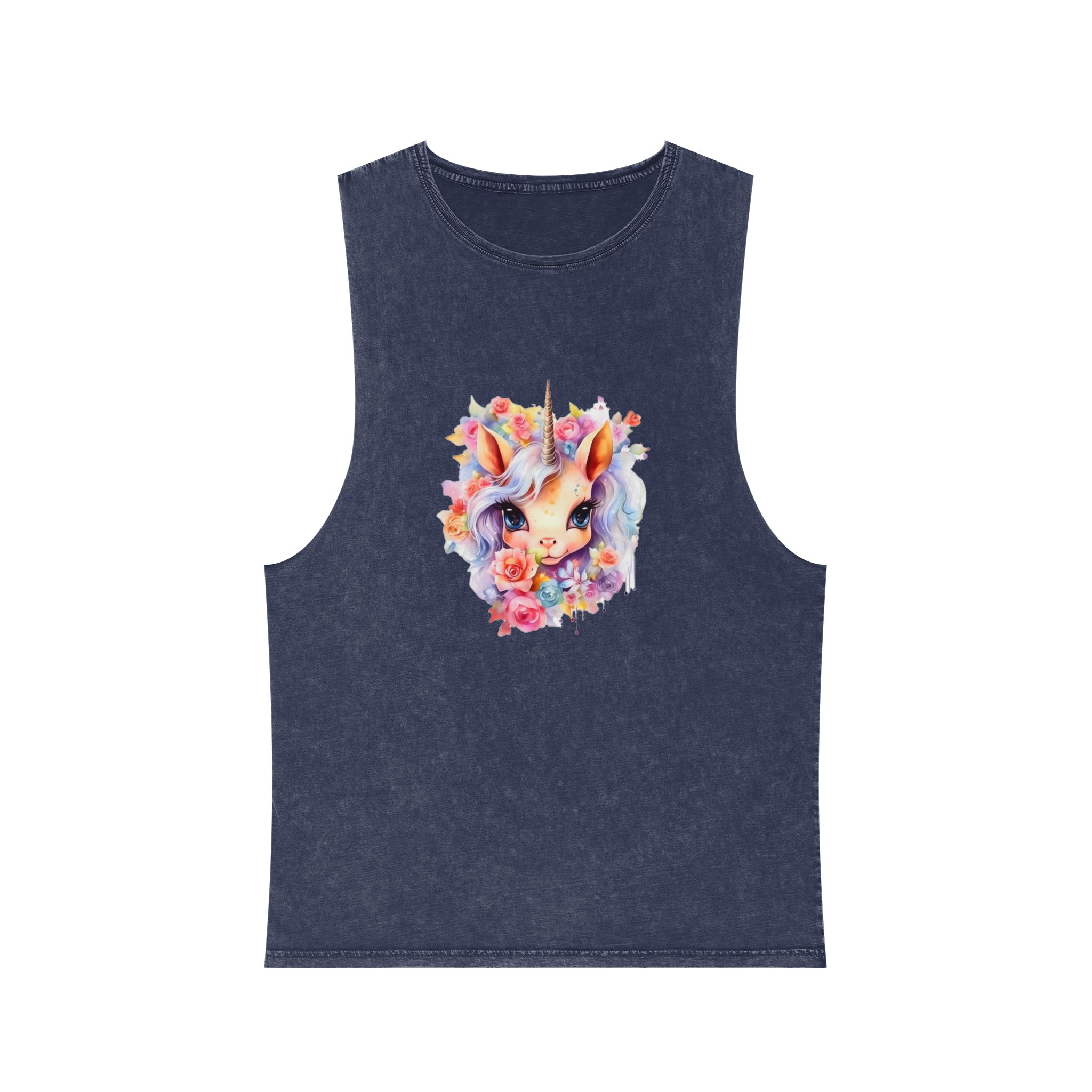 Cute Colorful Magic Unicorn With Flowers Watercolor Style (4) Copy Unisex Stonewash Tank Top - Image 13