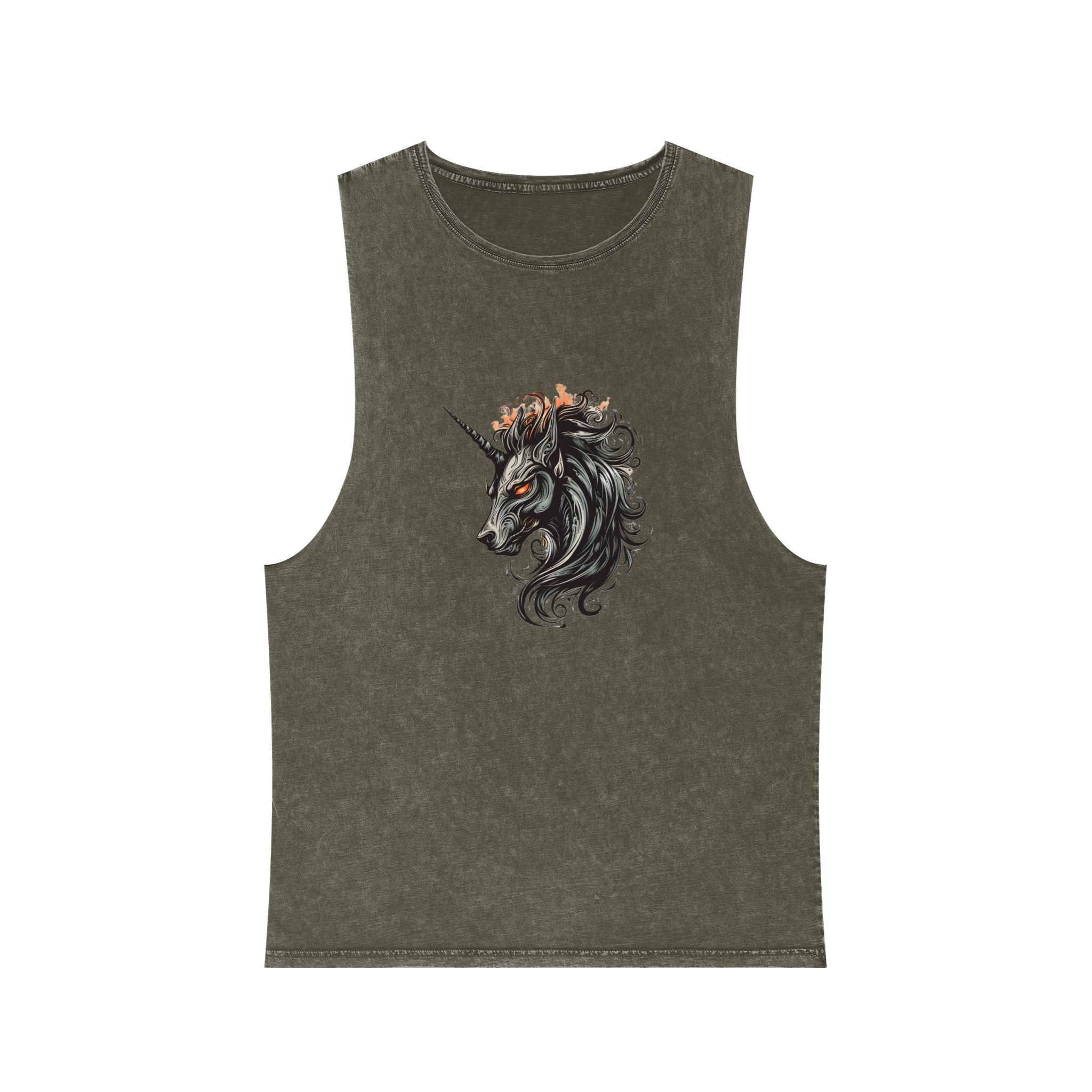 Unicorn Head Tshirt Tattoo Design Dark Art Illustration Isolated White (3) Unisex Stonewash Tank Top - Image 5
