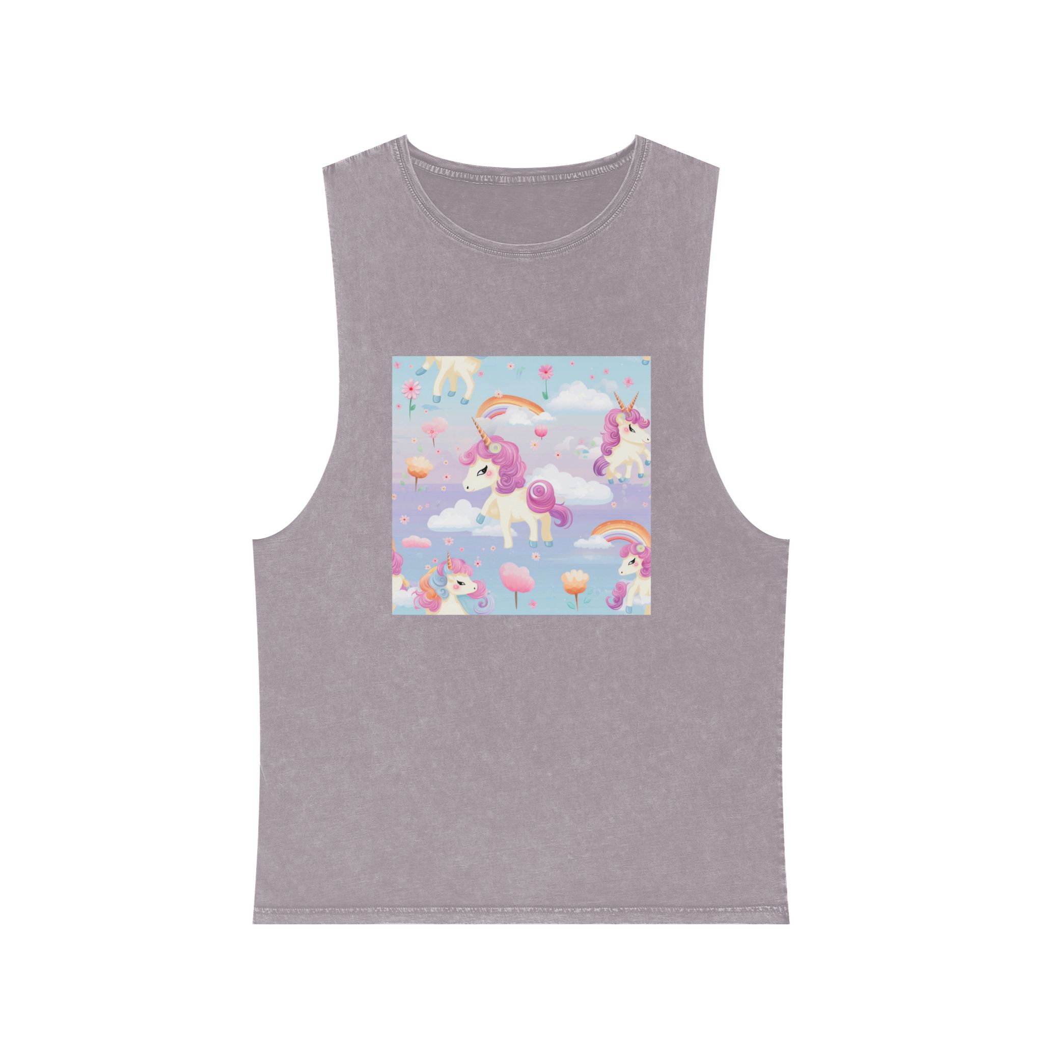 Playful Unicorns Flowers Clouds Rainbows Ice Creams Pastel Background (5) Unisex Stonewash Tank Top - Image 17