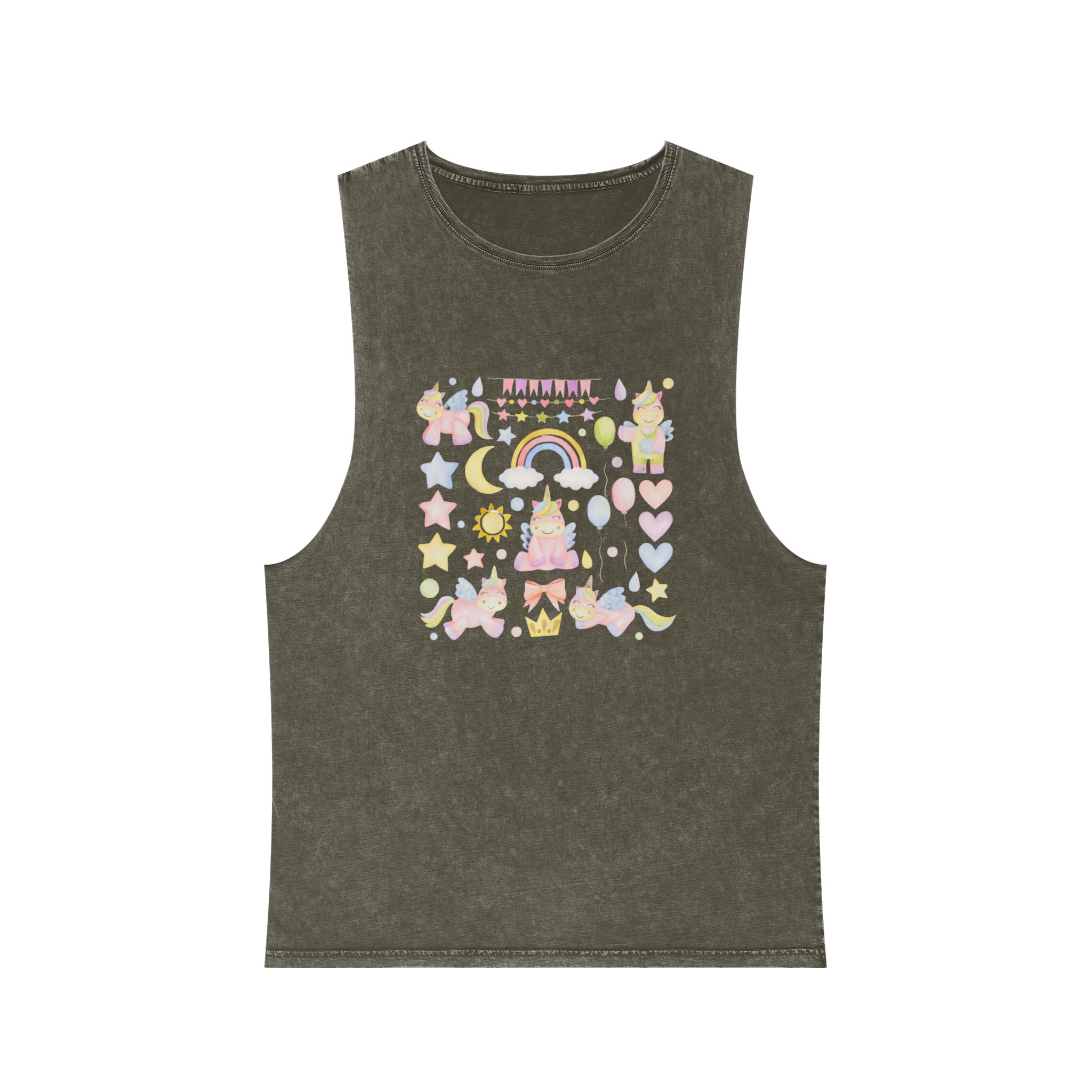 Set Watercolor Illustrations Unicorns Happy Birthday Stickers Unisex Stonewash Tank Top - Image 5