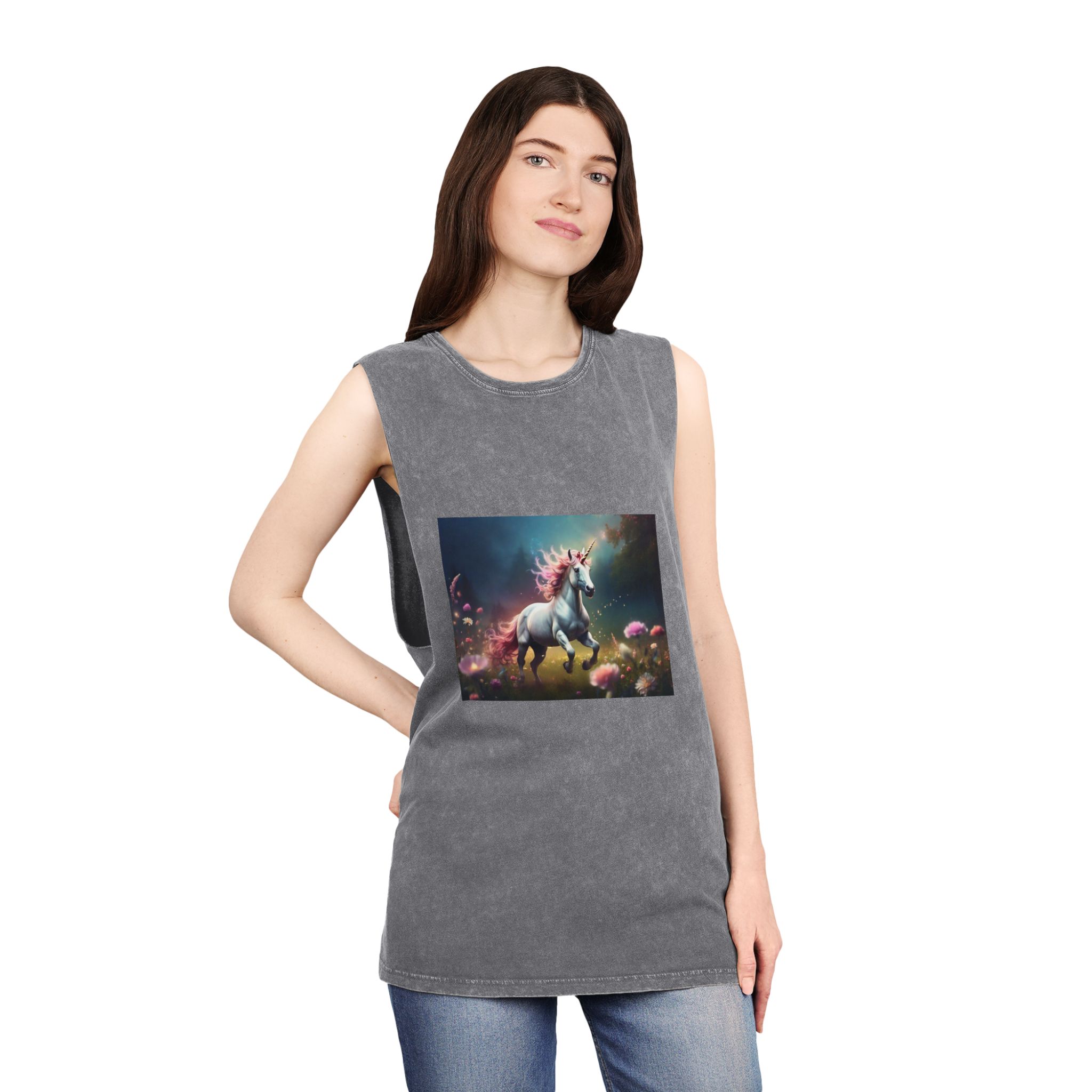 Beautiful Unicorn Running Magical Meadow Unicorn Background Images Whimsical Unicorn (22) Unisex Stonewash Tank Top - Image 12