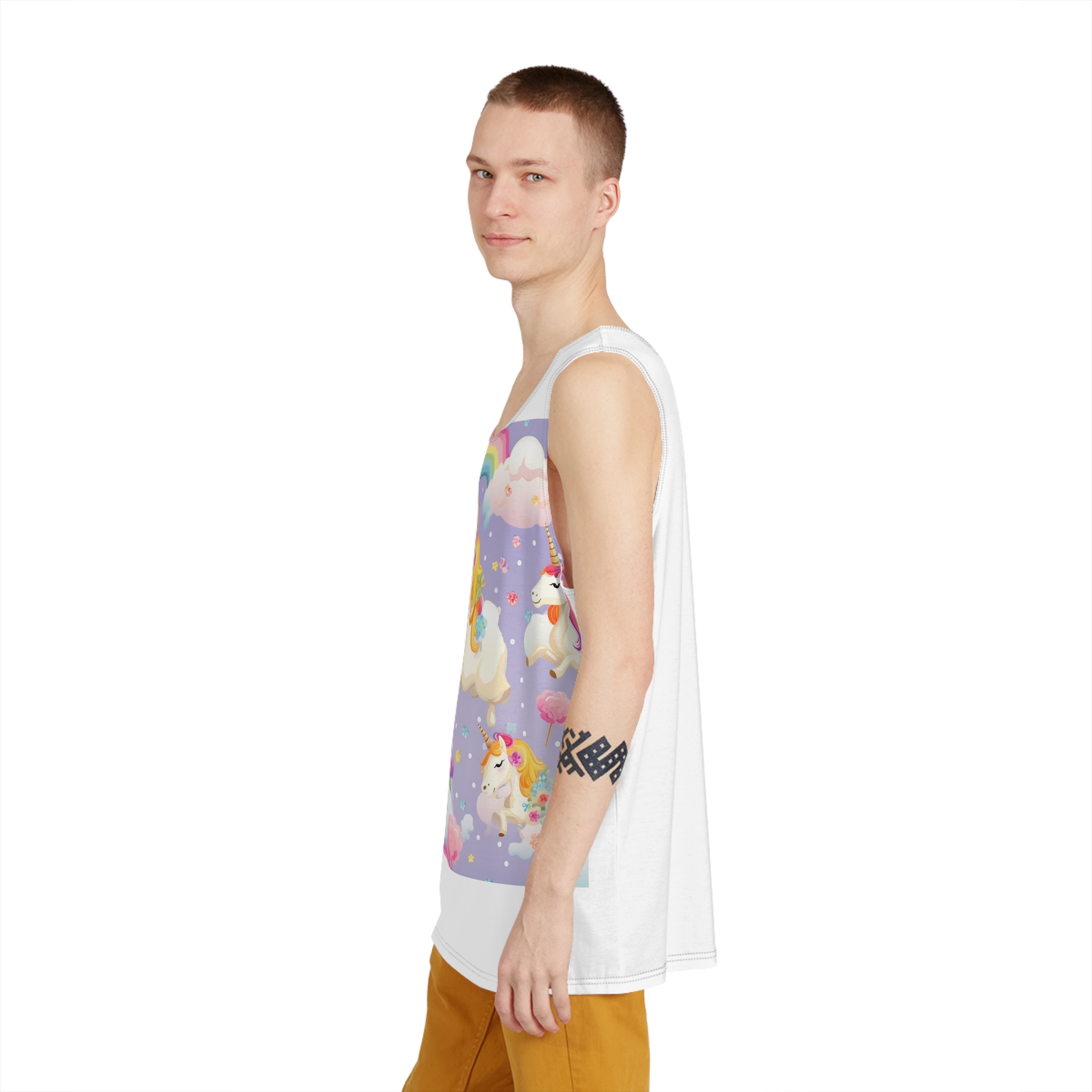 Playful Unicorns Among Flowers Clouds Rainbows Ice Creams Pastel Background (5) Mens Tank Aop