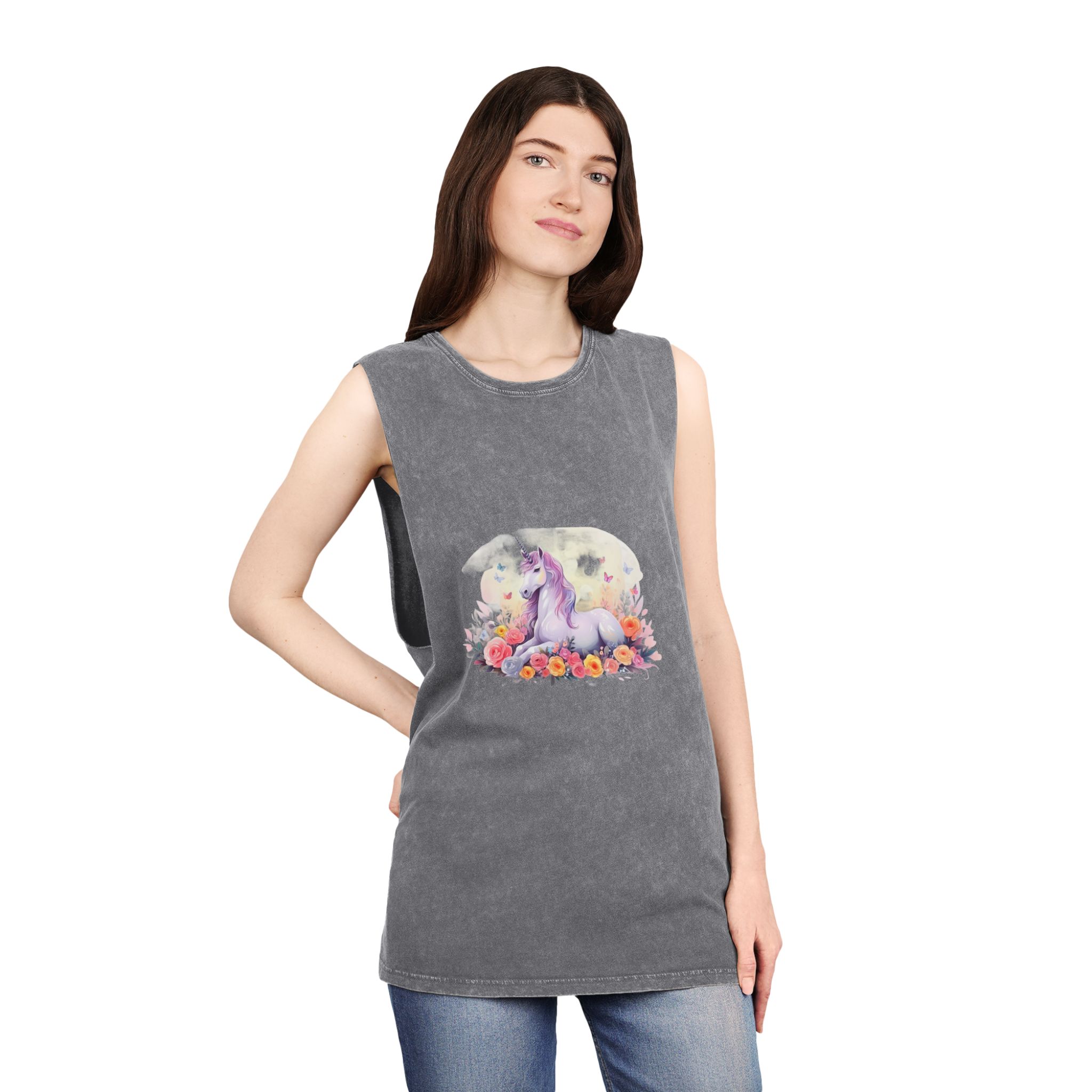 Illustration Little Unicorn Sits With Flowers Unisex Stonewash Tank Top - Image 12
