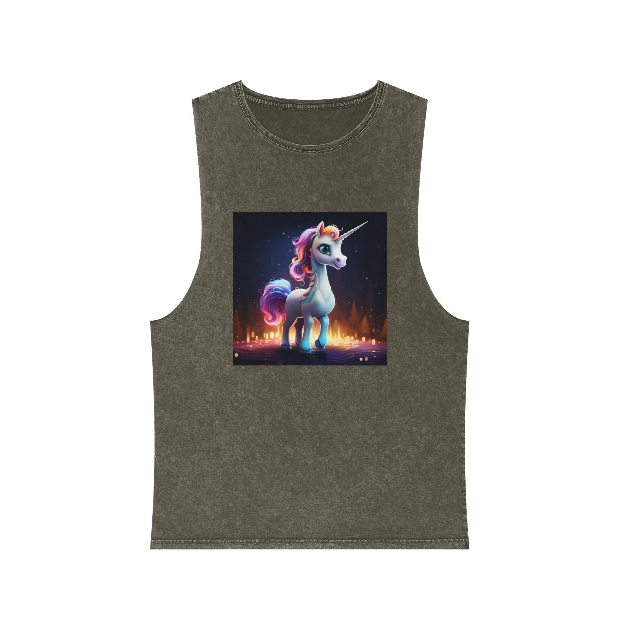 Unicorn Standing Wooden Platform With City Background Generative Ai Unisex Stonewash Tank Top - Image 5