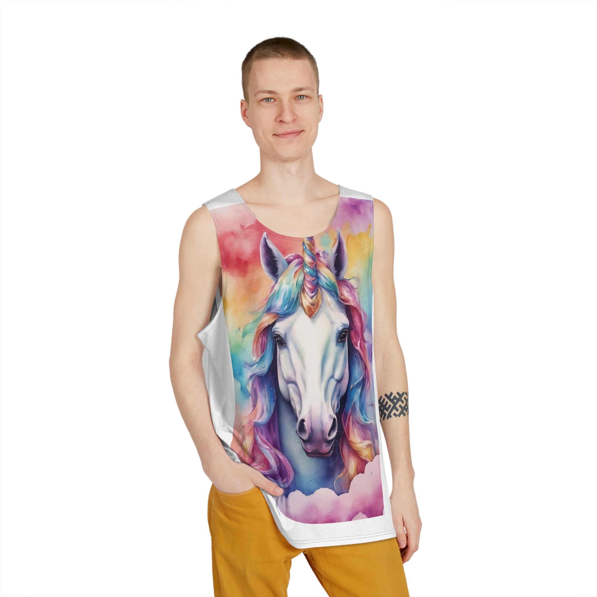 Rainbow Pastel Unicorn Candy Watercolor Background Social Media Template Etc Mens Tank Aop - Image 3
