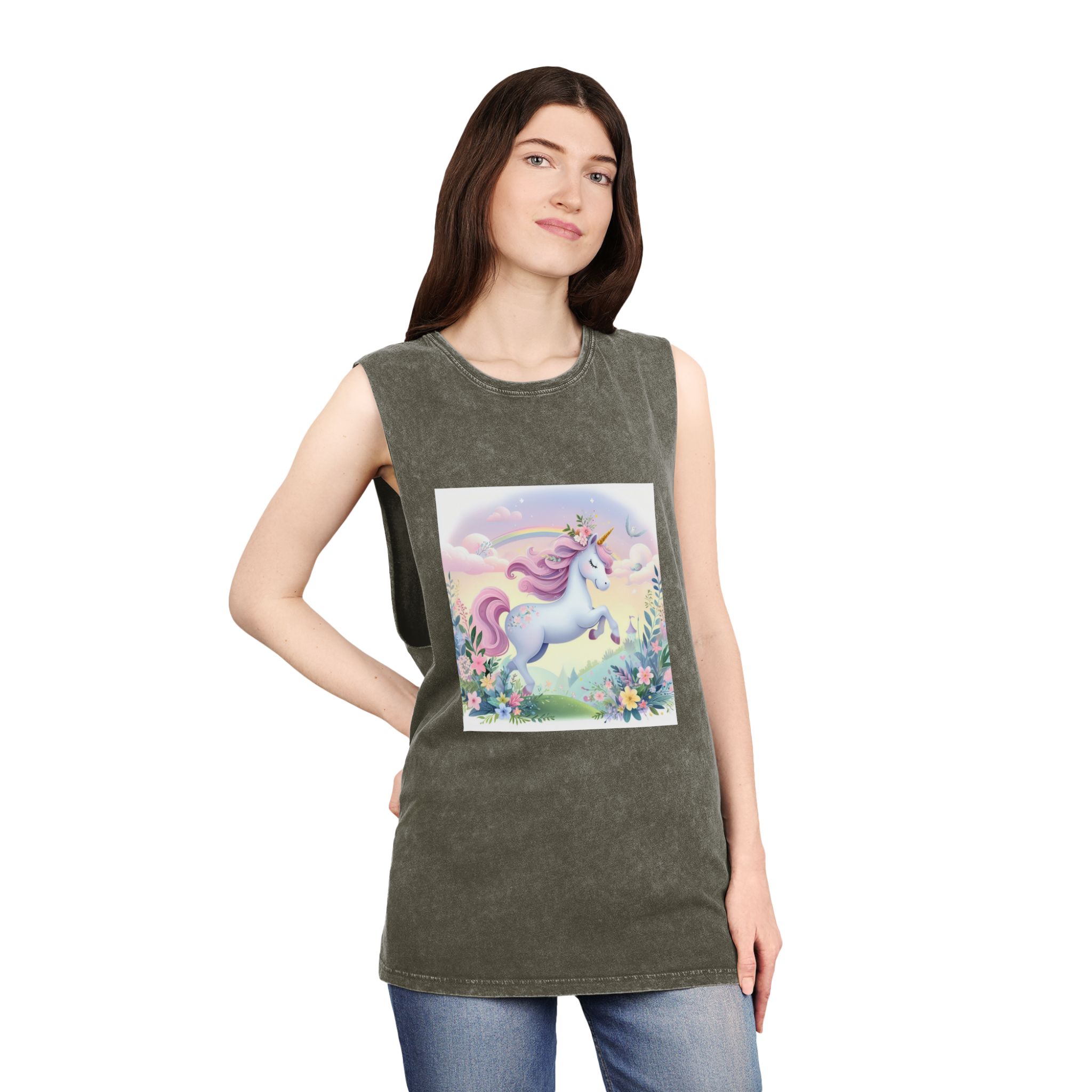 Beautiful Unicorn Running Magical Meadow Unicorn Background Images Whimsical Unicorn (11) Unisex Stonewash Tank Top - Image 8