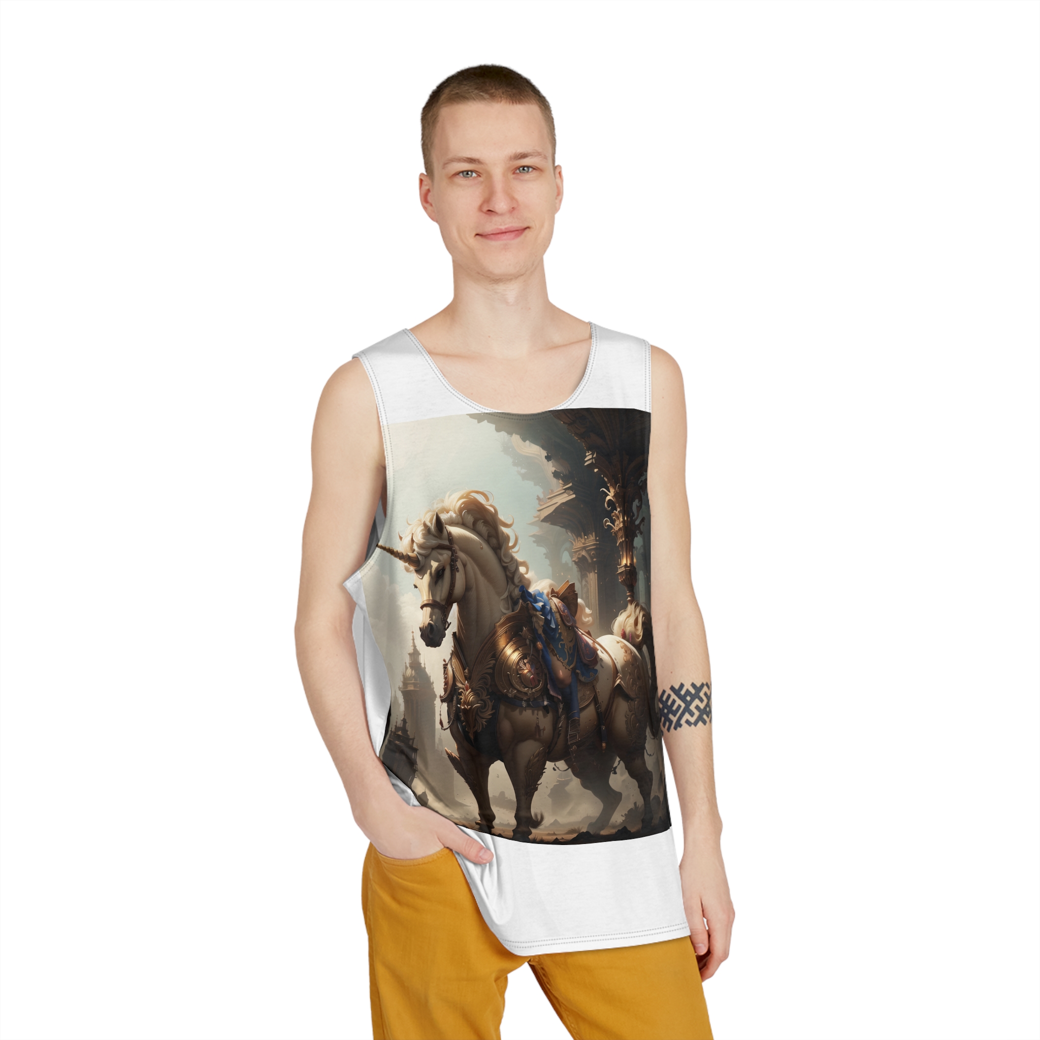 Unicorn With Sword Its Back Is Standing Front Building Mens Tank Aop - Image 3