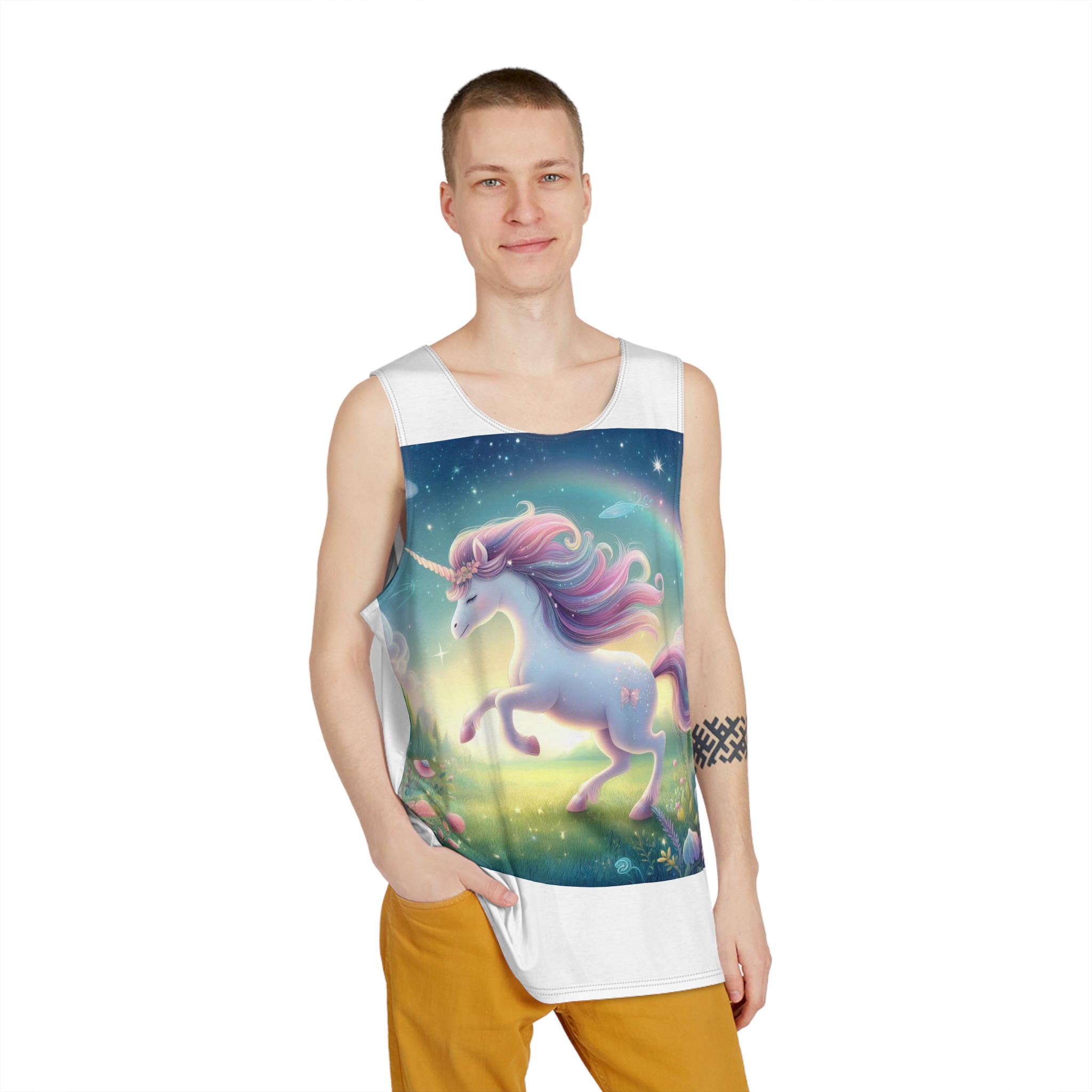 Beautiful Unicorn Running Magical Meadow Unicorn Background Images Whimsical Unicorn (21) Mens Tank Aop - Image 3