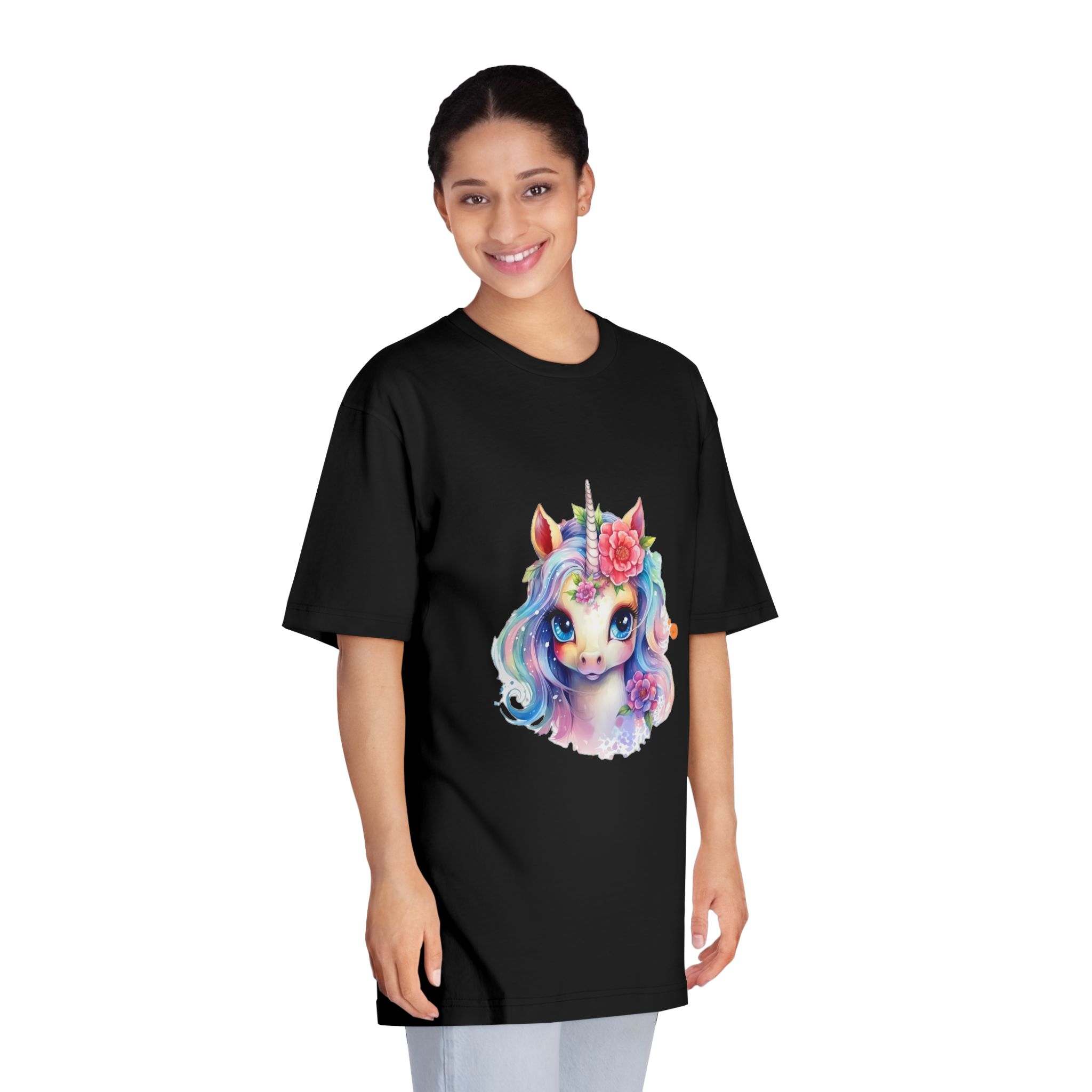 Cute Colorful Magic Unicorn With Flowers Watercolor Style (8) Unisex Classic Crewneck T Shirt - Image 7