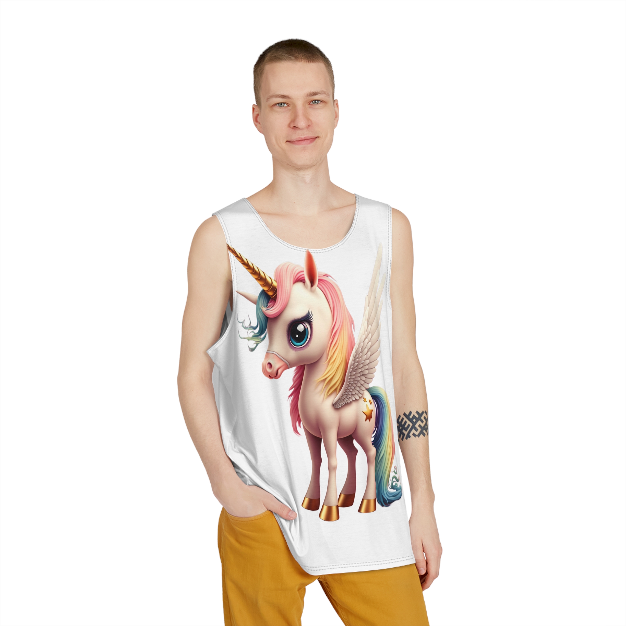 Cartoon Unicorn With Wings Pink Background Generative Ai Mens Tank Aop - Image 3