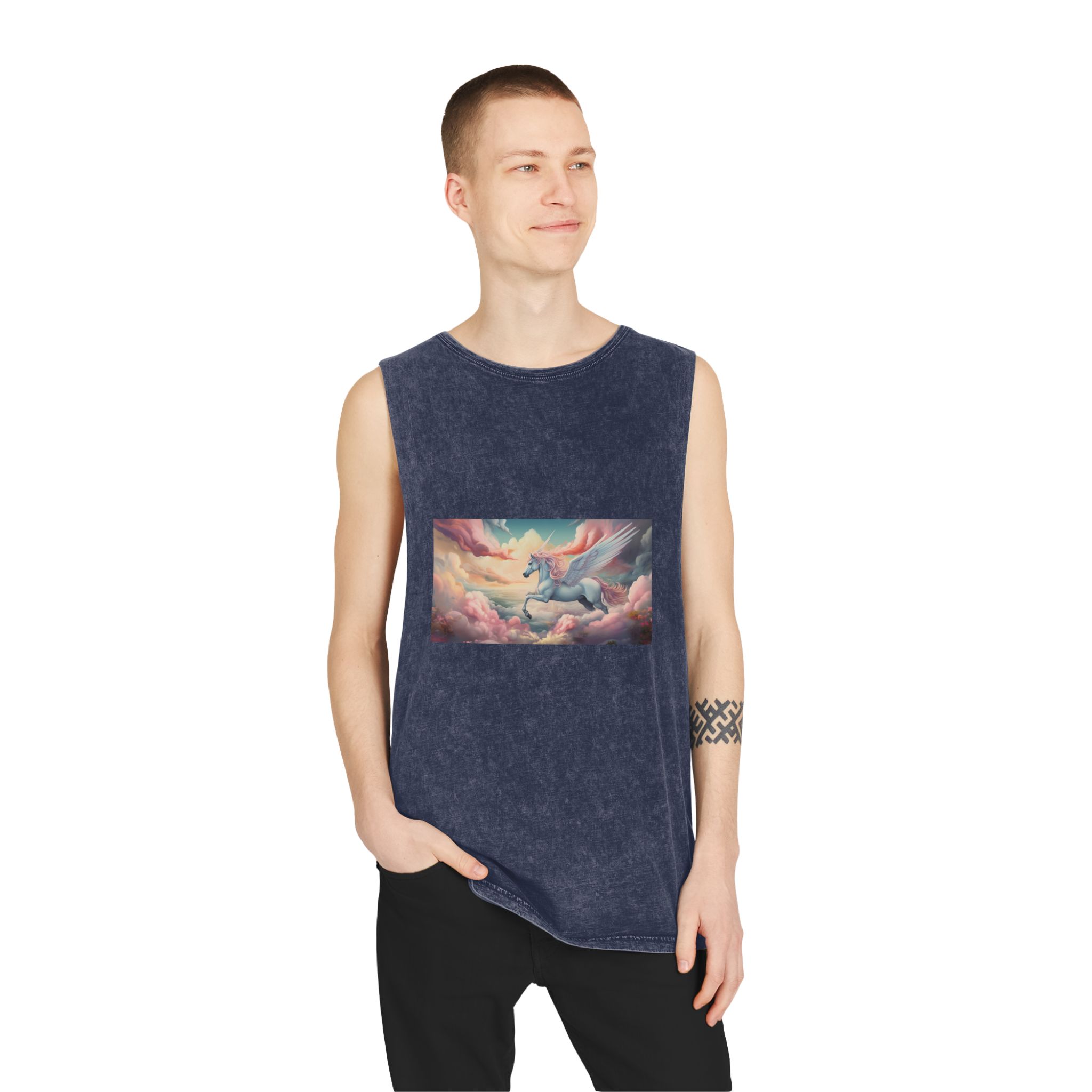 Painting White Unicorn With Pink Mane Wings Flying Through Sky Generative Ai Unisex Stonewash Tank Top - Image 15
