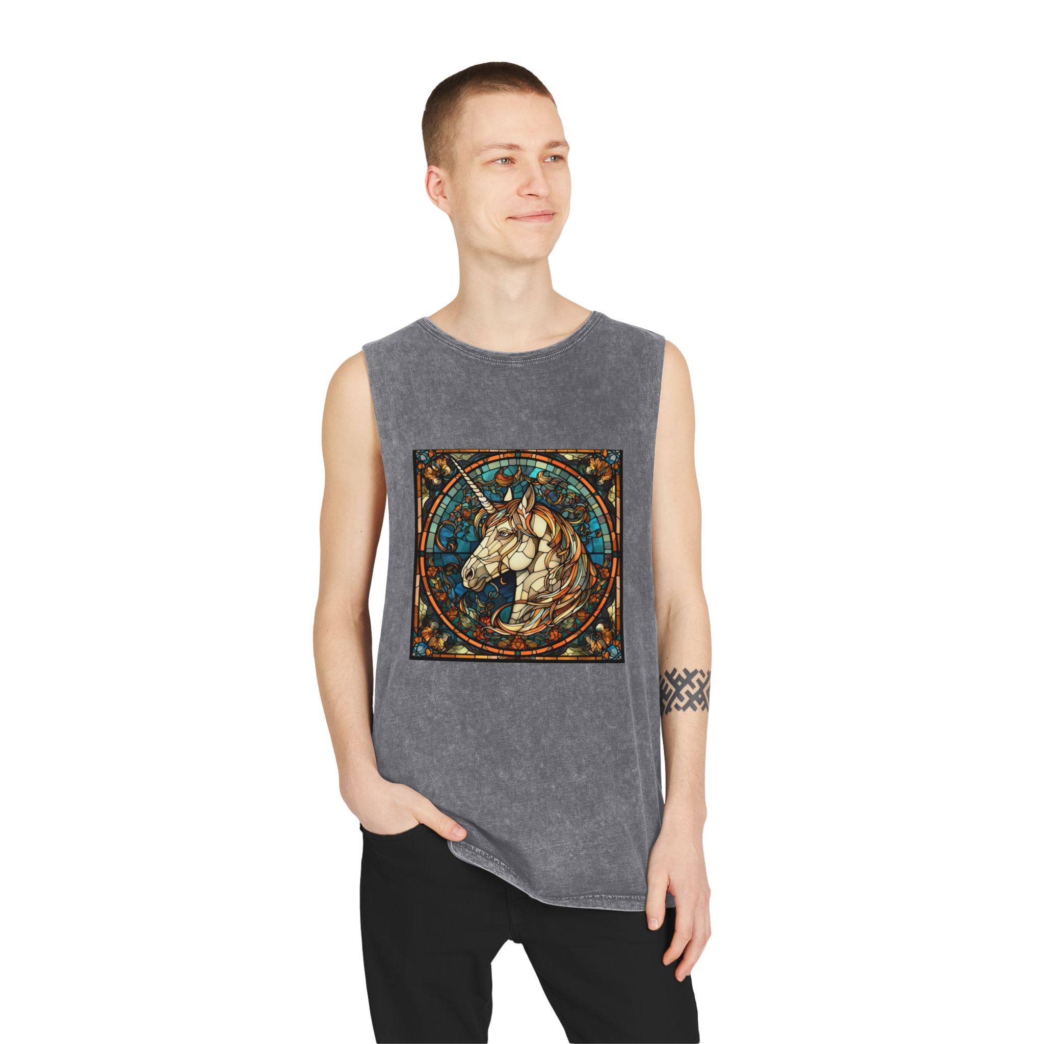 Stained Glass Unicorn Fantasy Unisex Stonewash Tank Top - Image 11